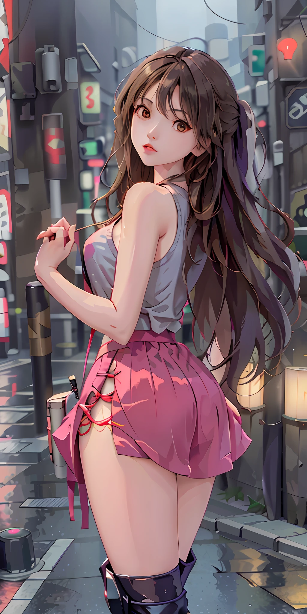 (Best quality, masterpiece: 1.3), 1 girl, rainy day, fog, alley, umbrella, looking at the audience, facing photos, cyberpunk city, alone in an alley, neon lights in an alley, very reflective city, long hair, hair of size through an alley, bar, japan, Tokyo, garter belt on one leg, knee pads on the other leg, perfect hands, delicate, night, shorts, tank top, exposed chest,