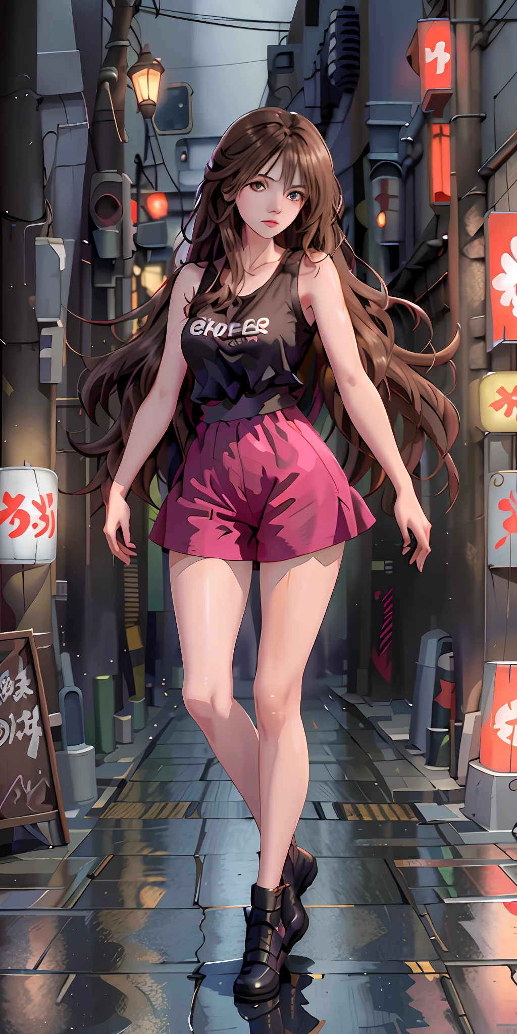 (Best quality, masterpiece: 1.3), 1 girl, rainy day, fog, alley, umbrella, looking at the audience, facing the photo, cyberpunk city, alone in an alley, neon lights in an alley, very reflective city, long hair, large and small strands of hair through the alley, bar, japan, tokyo, garter belt on one leg, knee pads on the other leg, perfect hands, sophisticated, night, dress, shorts, tank top,