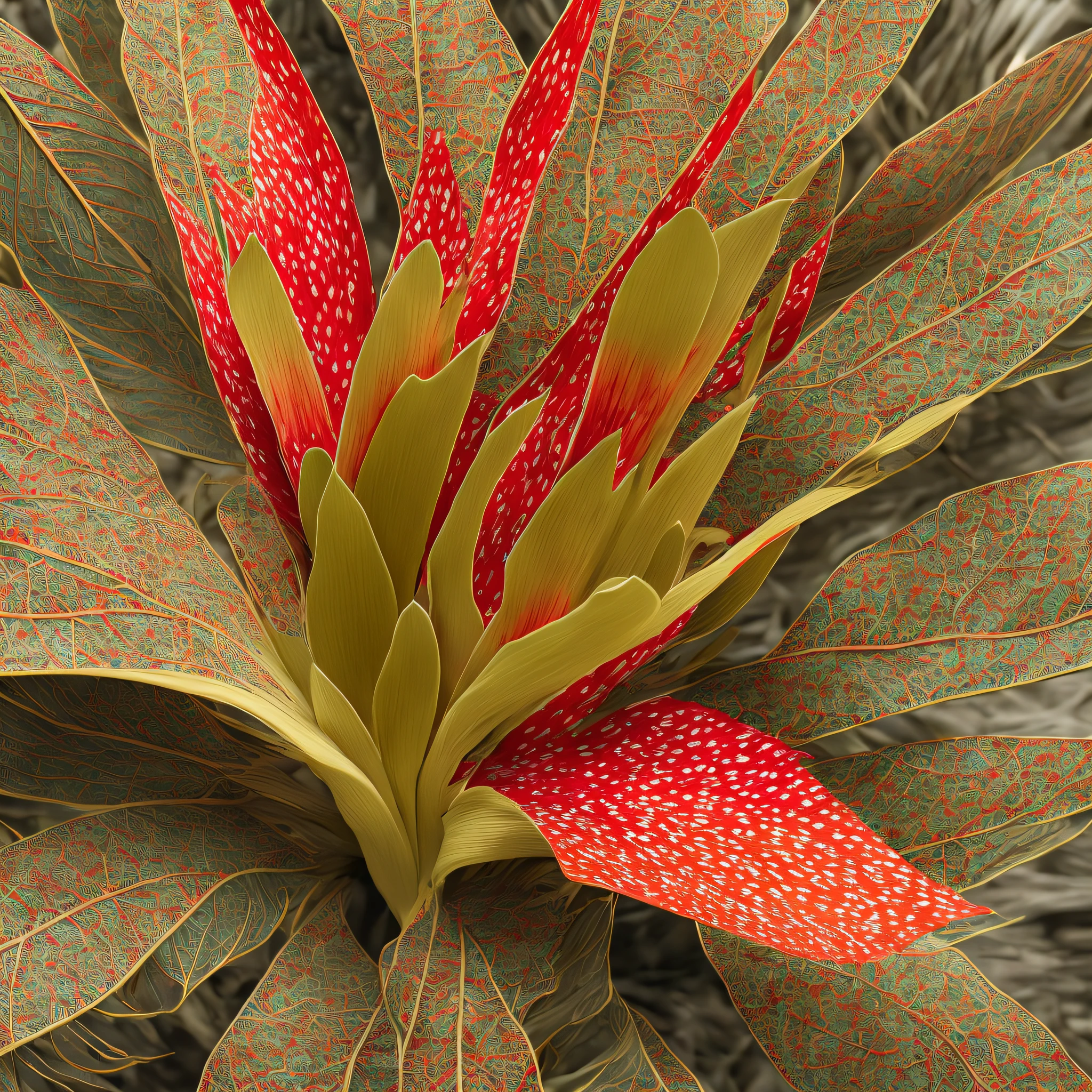 red bromeliad flower blooming on a twisted branch against a gray background, simple background, in light orange and light beige style, minimalist images, photographic installations, paleocore, green and crimson, hyper-realistic poetic intimacy 768X2048 --auto --s2