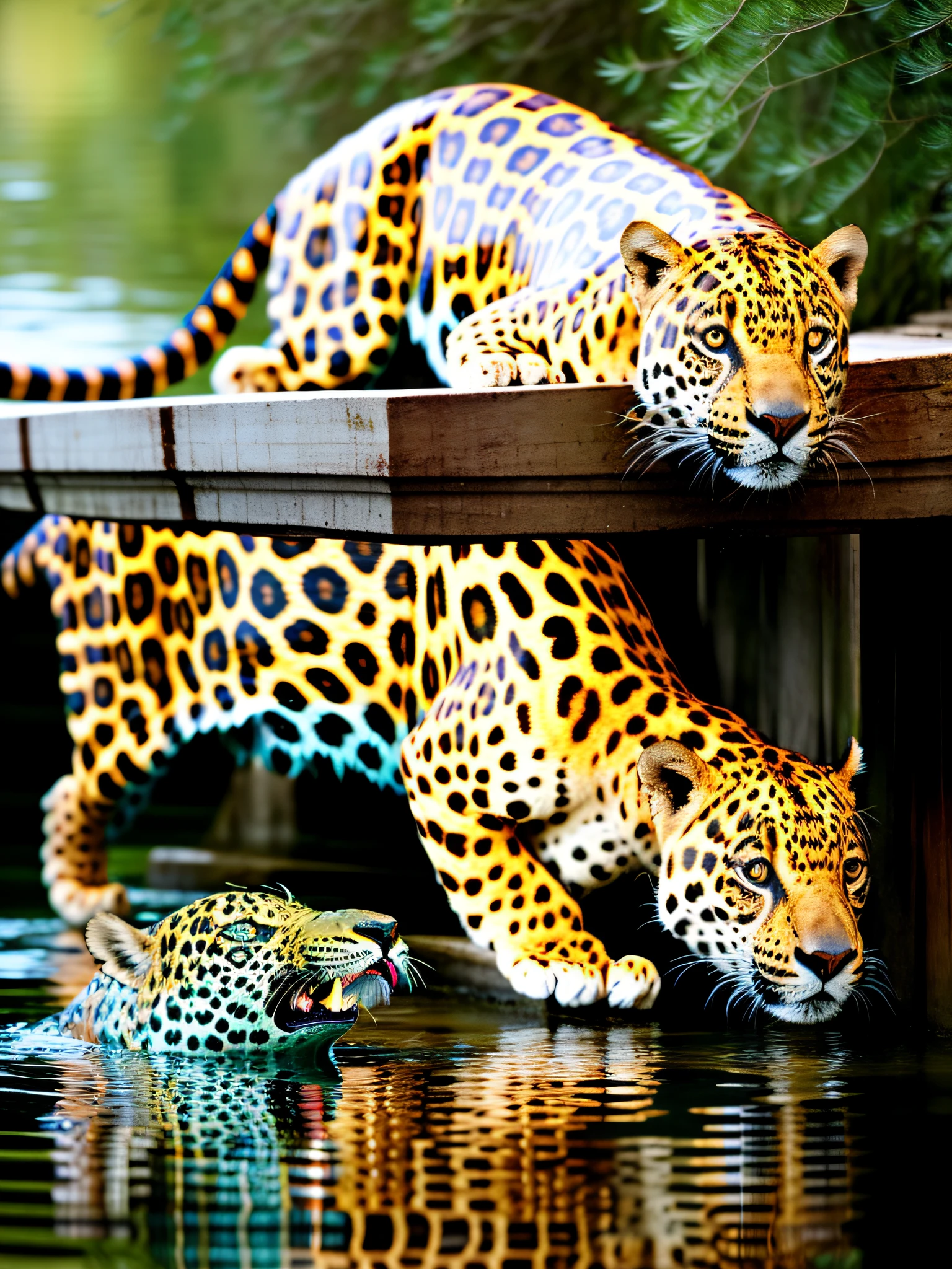 a jaguar peeking an alligator into a river with aquatic vegetation and trees