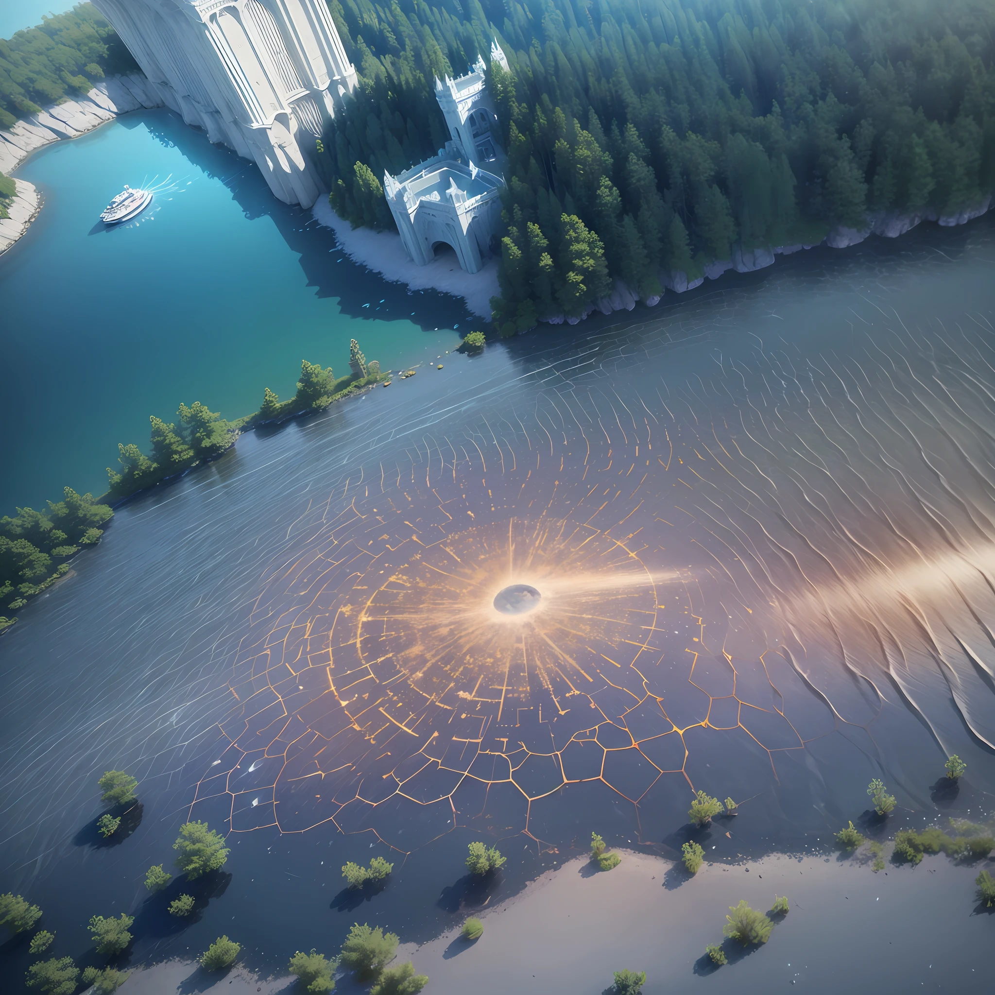 "Cinematic hyper-realistic concept scene of the white marble castle At the bottom of a huge tank, Epic, majestic, light effects, CG, sunset, blue glowing crystal, cyan glowing water, lots of colorful fireflies "Trends on ArtStation: 3" "Aerial Photography: 3", "Big Scene: 4" "Ultra Wide Lens: 3", "Degrees of Freedom: -1", "Blur: -3" --auto --s2