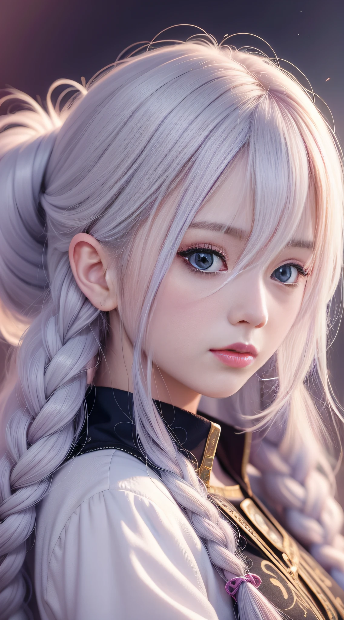 Close up of a woman with long hair, colorful hair, realistic portrait of kawaii, colorful braids, beautiful anime style, pure white background, white half sleeves, simple pattern on clothes, realistic anime art style, beautiful anime portrait, realistic anime art style, anime style. 8k, stunning anime face portrait, colorful]", vibrant fantasy style, cute art style, vibrant realistic color, anime realism style, beautiful anime girl, character as core, digital art, realistic style