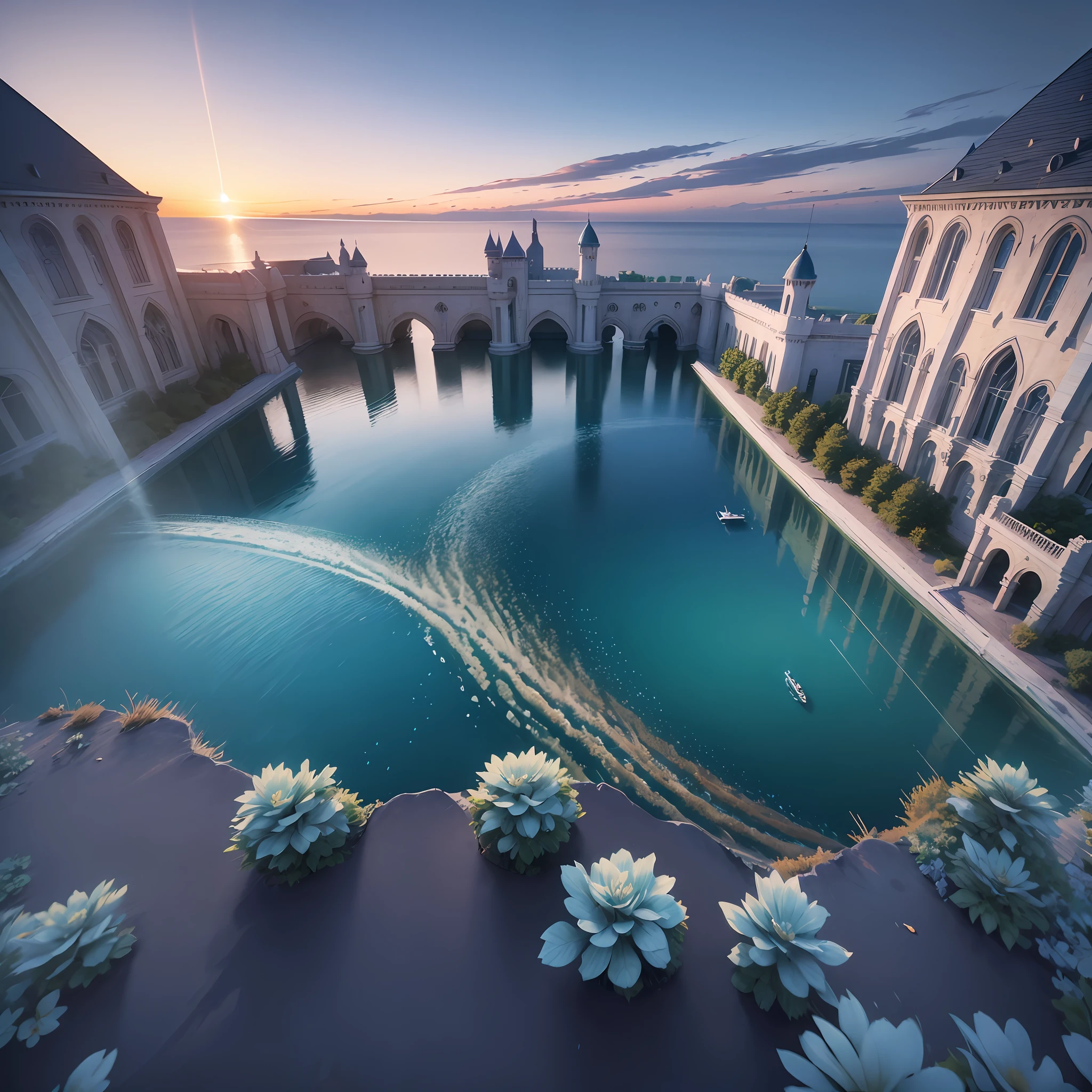 "Cinematic hyper-realistic concept scene of the white marble castle At the bottom of a huge tank, Epic, majestic, light effects, CG, sunset, blue glowing crystal, cyan glowing water, lots of colorful fireflies "Trends on ArtStation: 3" "Aerial Photography: 3", "Big Scene: 4" "Ultra Wide Lens: 3", "Degrees of Freedom: -1", "Blur: -3" --auto --s2