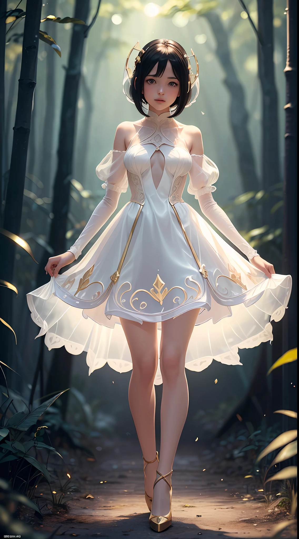 FS, albino girl perfect 10 black hair rarpunzel stands in a picturesque avatar forest, cheerful flirts in front of the camera, the body is graceful with small breasts, her legs are slender graceful, the girl looks amazing, the dress is transparent organza with intricate patterns, high-heeled shoes are elegant with gold  patterns, sunlight falls from behind creating a light outline around the contours of the girl, in front soft fill light, photorealistic, concept art, (wow effect: 2), site 500px, ((hyper definition details: 2)) --auto --s2