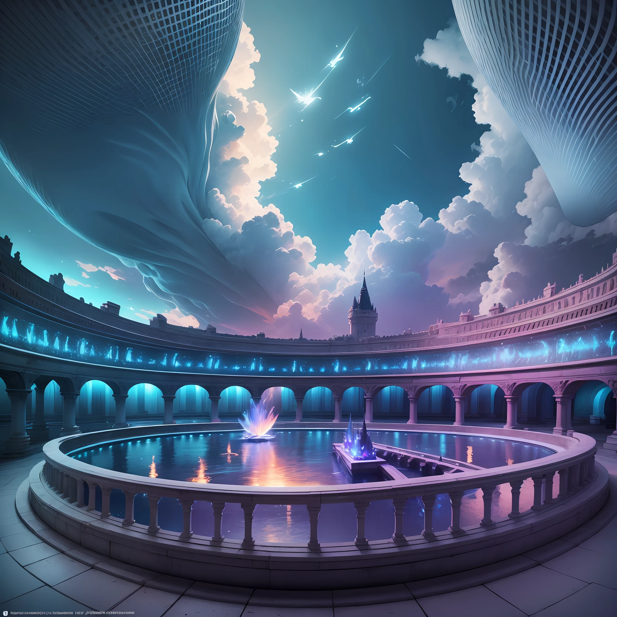 "Cinematic hyper-realistic concept scene of the white marble castle At the bottom of a huge tank, Epic, majestic, light effects, CG, sunset, blue glowing crystal, cyan glowing water, lots of colorful fireflies "Trends on ArtStation: 3" "Aerial Photography: 3", "Big Scene: 4" "Ultra Wide Lens: 3", "Degrees of Freedom: -1", "Blur: -3" --auto --s2