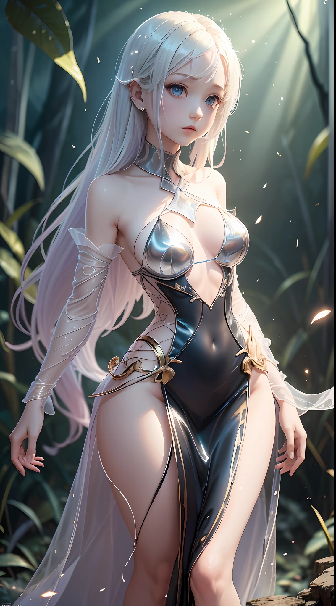 FS, albino girl perfect 10 black hair rarpunzel stands in a picturesque avatar forest, cheerful flirts in front of the camera, the body is graceful with small breasts, her legs are slender graceful, the girl looks amazing, the dress is transparent organza with intricate patterns, high-heeled shoes are elegant with gold patterns, sunlight falls from behind creating a light outline around the contours of the girl, in front soft fill light, photorealistic, concept art, (wow effect: 2), site 500px, ((hyper definition details: 2)) --auto --s2
