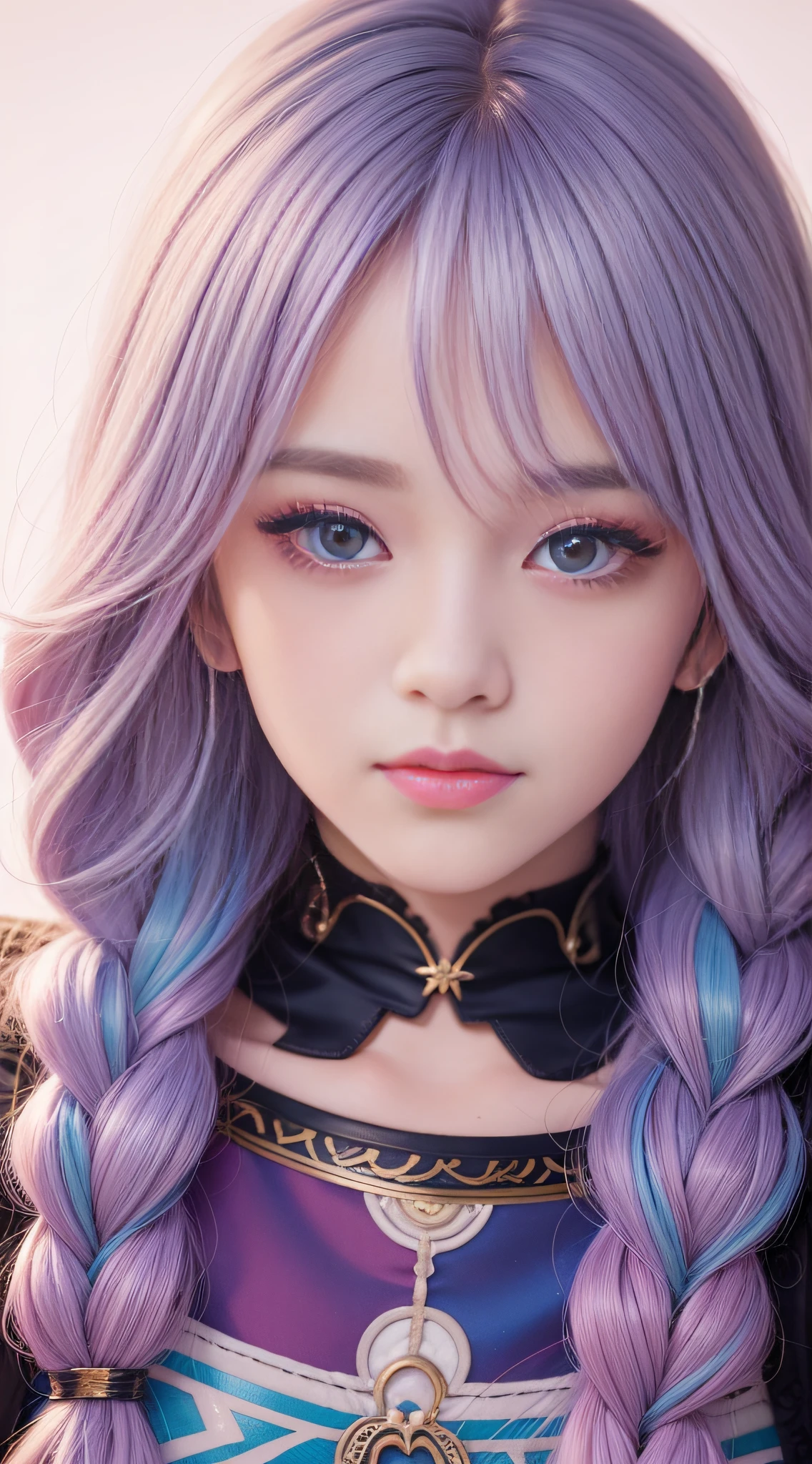Close up of a woman with long hair, colorful hair, realistic portrait of kawaii, colorful braids, beautiful anime style, pure white background, white half sleeves, simple pattern on clothes, realistic anime art style, beautiful anime portrait, realistic anime art style, anime style. 8k, stunning anime face portrait, colorful]", vibrant fantasy style, cute art style, vibrant realistic color, anime realism style, beautiful anime girl, character as core, digital art, realistic style