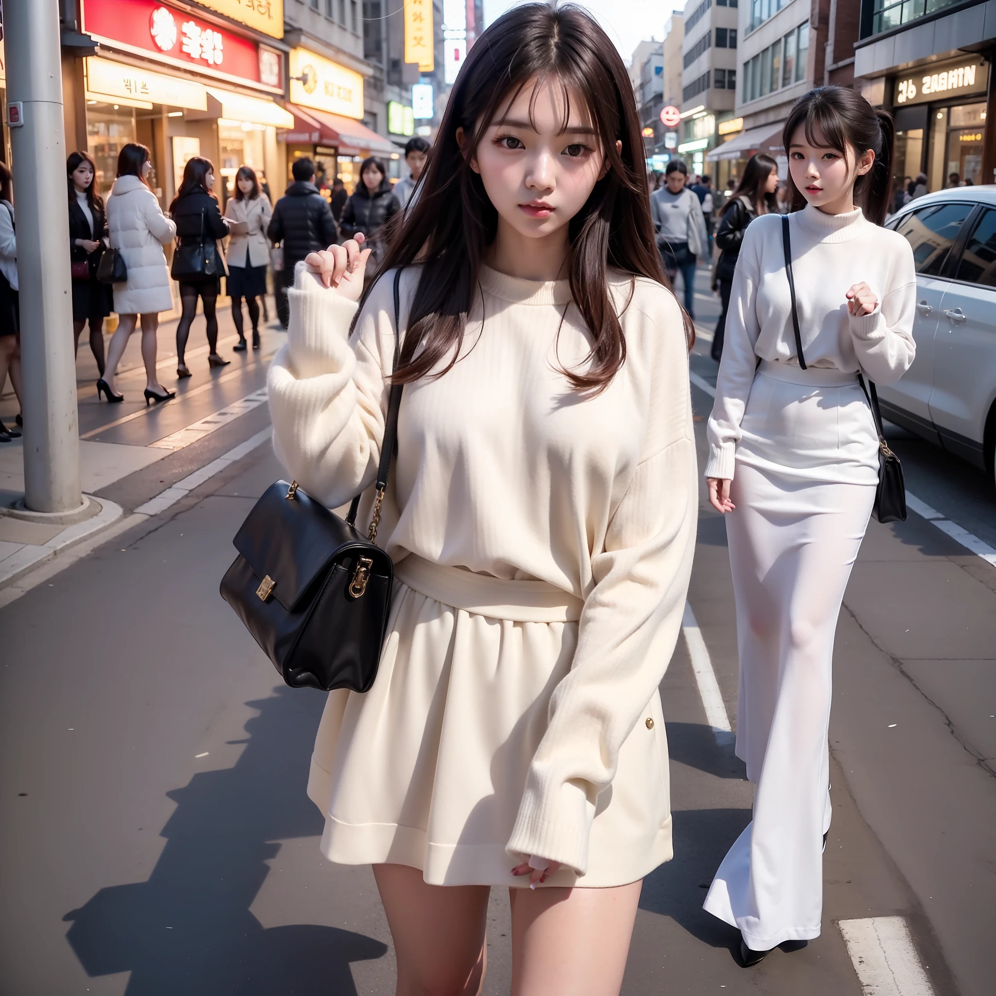 There is a woman who is on the street with a purse, Ulzzang, Korean girl, lovely young Korean face, beautiful young korean, beautiful young korean girl, wearing white sweater, young and beautiful girl, beautiful asian girl, with medium hair, beautiful south korean woman,