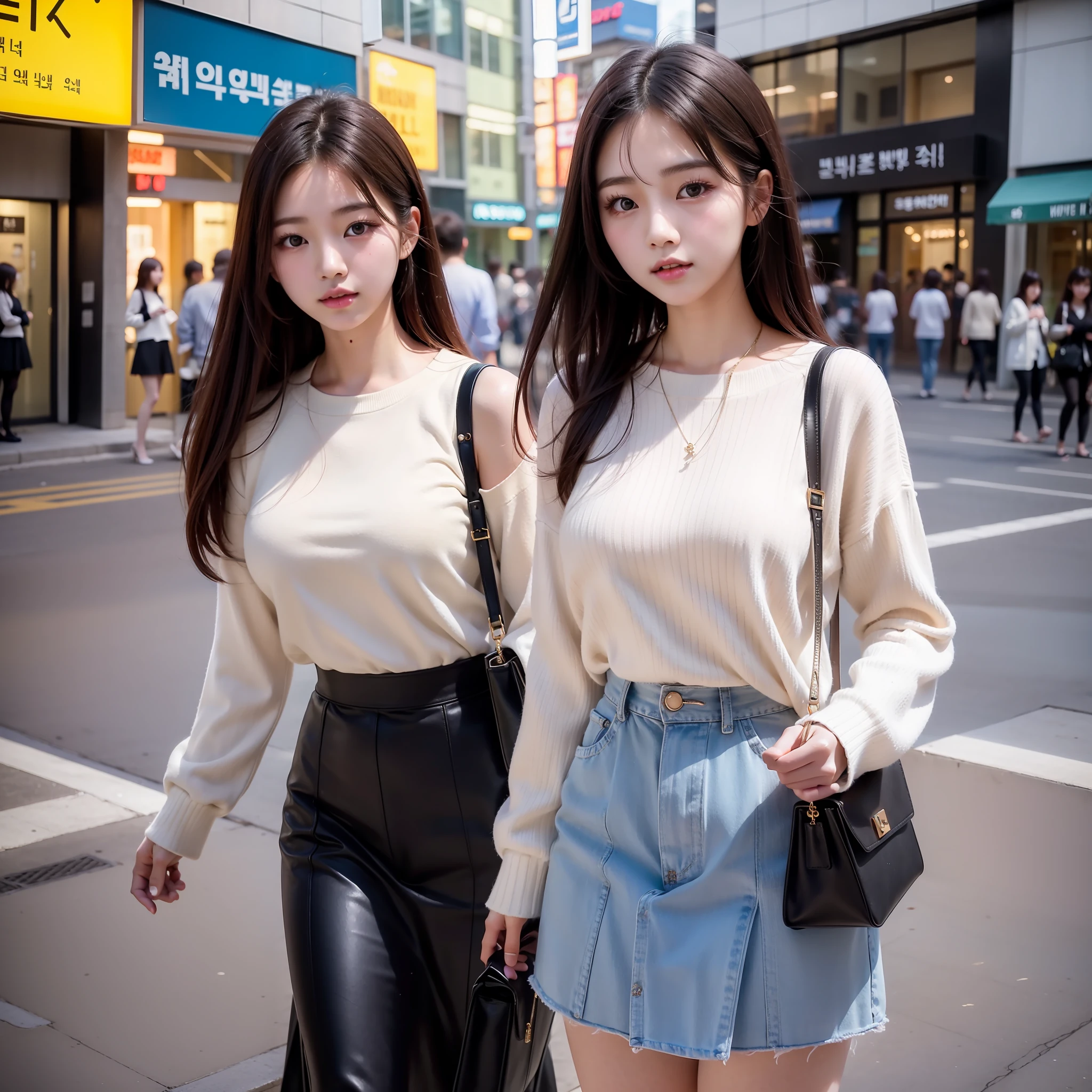 There is a woman who is on the street with a purse, Ulzzang, Korean girl, lovely young Korean face, beautiful young korean, beautiful young korean girl, wearing white sweater, young and beautiful girl, beautiful asian girl, with medium hair, beautiful south korean woman,