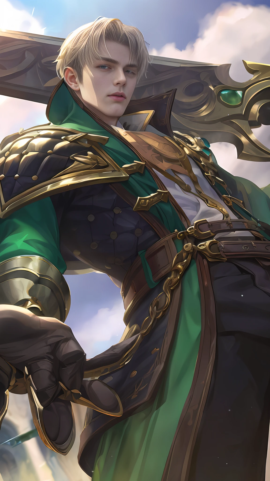 (Absurdres, Intricate Details, Masterpiece, Best Quality, High Resolution, 8k), 1 male, thin, young, aged up, masked, finely detailed eyes and face, auburn low-fade hair, amber eyes, portrait, looking at viewer, solo, half shot, detailed background, (light fantasy theme:1.1), focusing, mercenary, sunshine, floating scraps, color plate armor, divine aura, bright realistic lighting, marble castle, intense atmosphere, circlet, coat of arms, brazier, , Depth of Field, VFX. wear an eyepatch