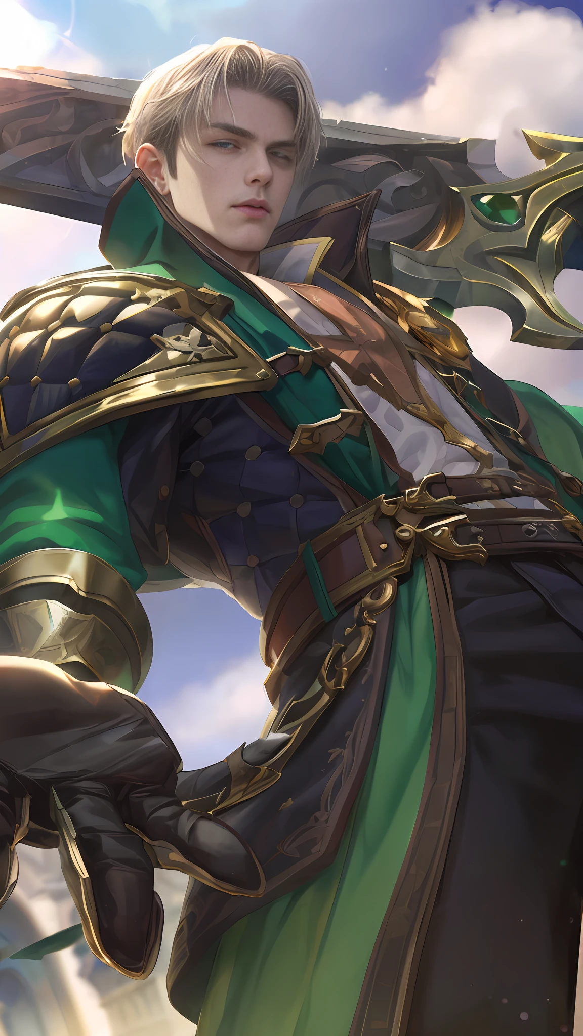 (Absurdres, Intricate Details, Masterpiece, Best Quality, High Resolution, 8k), 1 male, thin, young, aged up, masked, finely detailed eyes and face, auburn low-fade hair, amber eyes, portrait,  looking at viewer, solo, half shot, detailed background, (light fantasy theme:1.1),  focusing, mercenary,  sunshine, floating scraps,  color plate armor, divine aura, bright realistic lighting, marble castle, intense atmosphere, circlet, coat of arms,  brazier,  , Depth of Field, VFX. wear an eyepatch