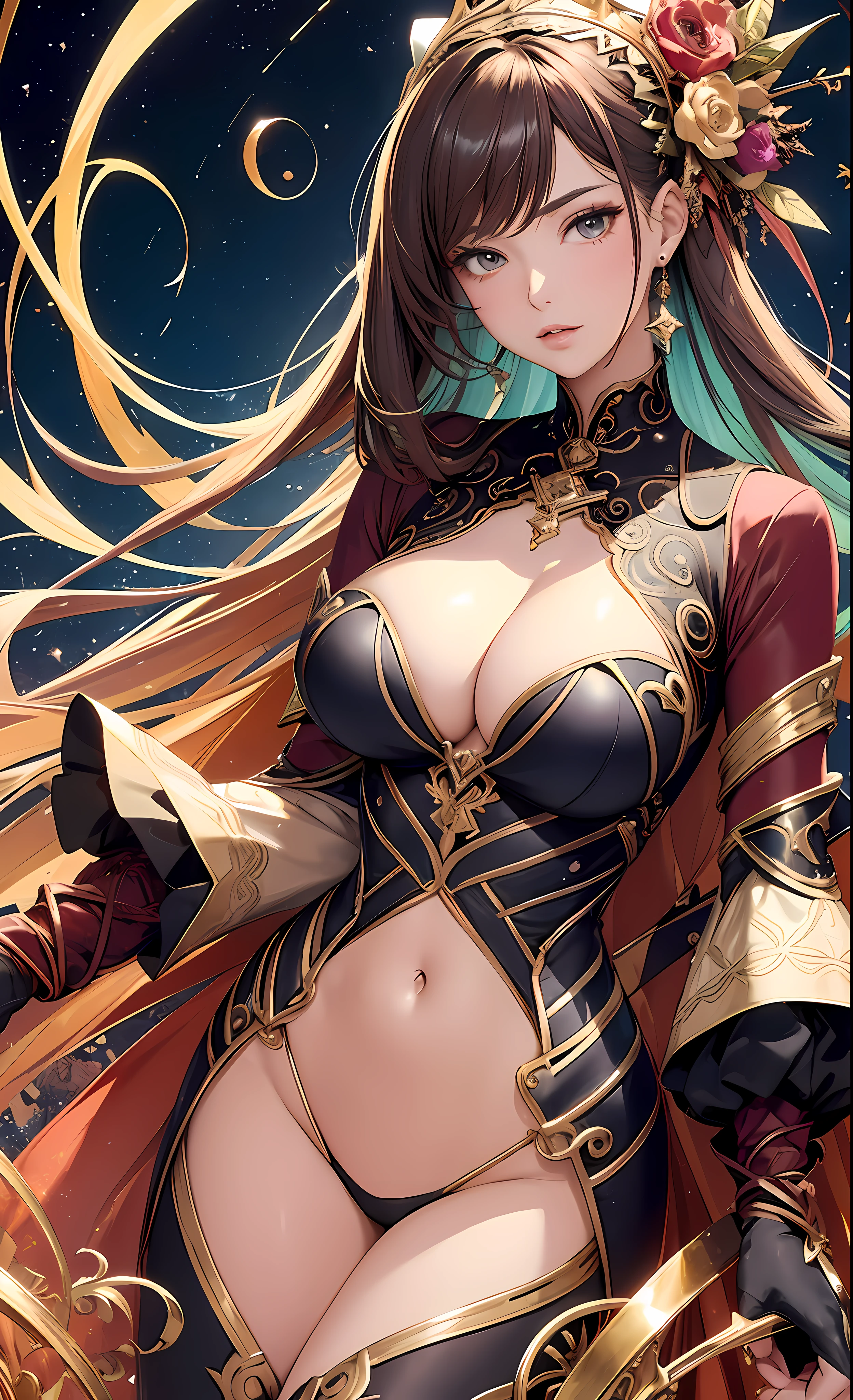 (Masterpiece, Top Quality, Best Quality, Official Art, Beautiful and Aesthetic: 1.2), (1 Women: 1.3), (Two-tone Medium Hair), (Focus on Thighs)), Very Detailed, (Sparkling Water and Meteor Shower Art: 1.4), (Colorful: 1.1), Supreme Detail,)), Attractive and revealing rear view, (Seductive Pose), (Abstract Background: 1.5), (Seductive mechanical Dresses: 1.4), ( cleavage)), (shiny skin), (gorgeous colors mechanical ivy spirally entwined Background:1.3)