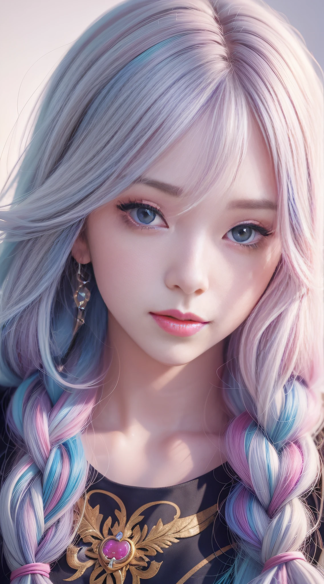 Close up of a woman with long hair, colorful hair, realistic portrait of kawaii, colorful braids, beautiful anime style, pure white background, white half sleeves, simple pattern on clothes, realistic anime art style, beautiful anime portrait, realistic anime art style, anime style. 8k, stunning anime face portrait, colorful]", vibrant fantasy style, cute art style, vibrant realistic color, anime realism style, beautiful anime girl, character as core, digital art, realistic style, character zoom 0.6
