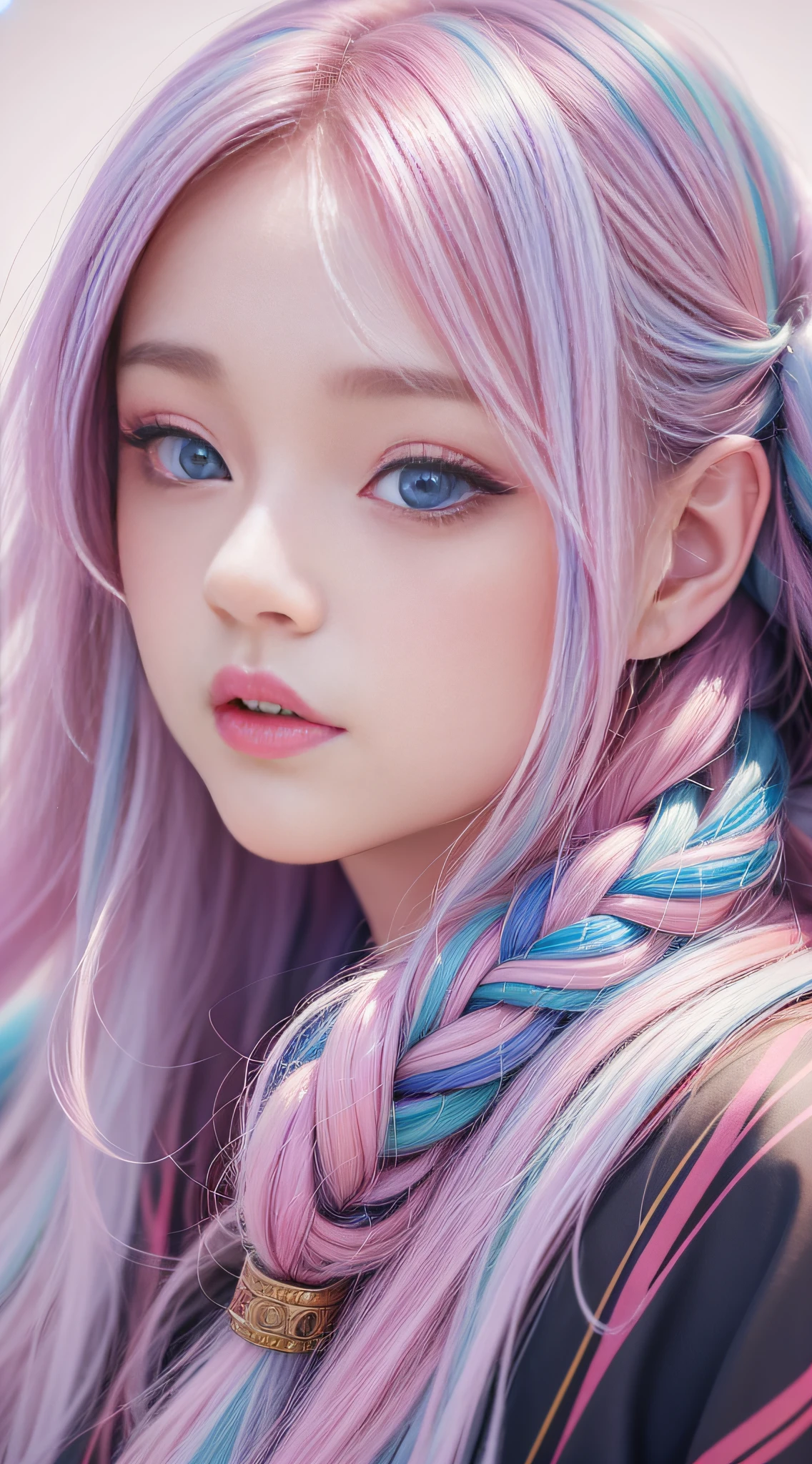Close up of a woman with long hair, colorful hair, realistic portrait of kawaii, colorful braids, beautiful anime style, pure white background, white half sleeves, simple pattern on clothes, realistic anime art style, beautiful anime portrait, realistic anime art style, anime style. 8k, stunning anime face portrait, colorful]", vibrant fantasy style, cute art style, vibrant realistic color, anime realism style, beautiful anime girl, character as core, digital art, realistic style, character zoom 0.6
