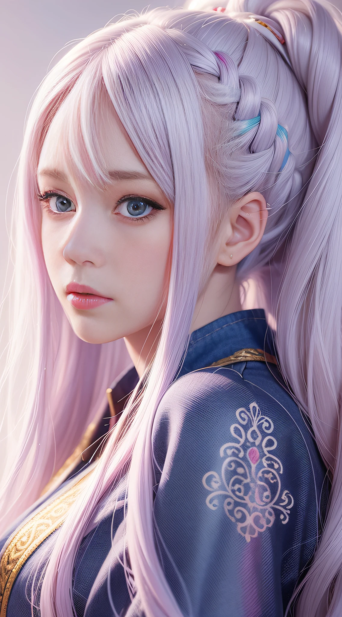 Close up of a woman with long hair, colorful hair, realistic portrait of kawaii, colorful braids, beautiful anime style, pure white background, white half sleeves, simple pattern on clothes, realistic anime art style, beautiful anime portrait, realistic anime art style, anime style. 8k, stunning anime face portrait, colorful]", vibrant fantasy style, cute art style, vibrant realistic color, anime realism style, beautiful anime girl, character as core, digital art, realistic style, character zoom 0.6