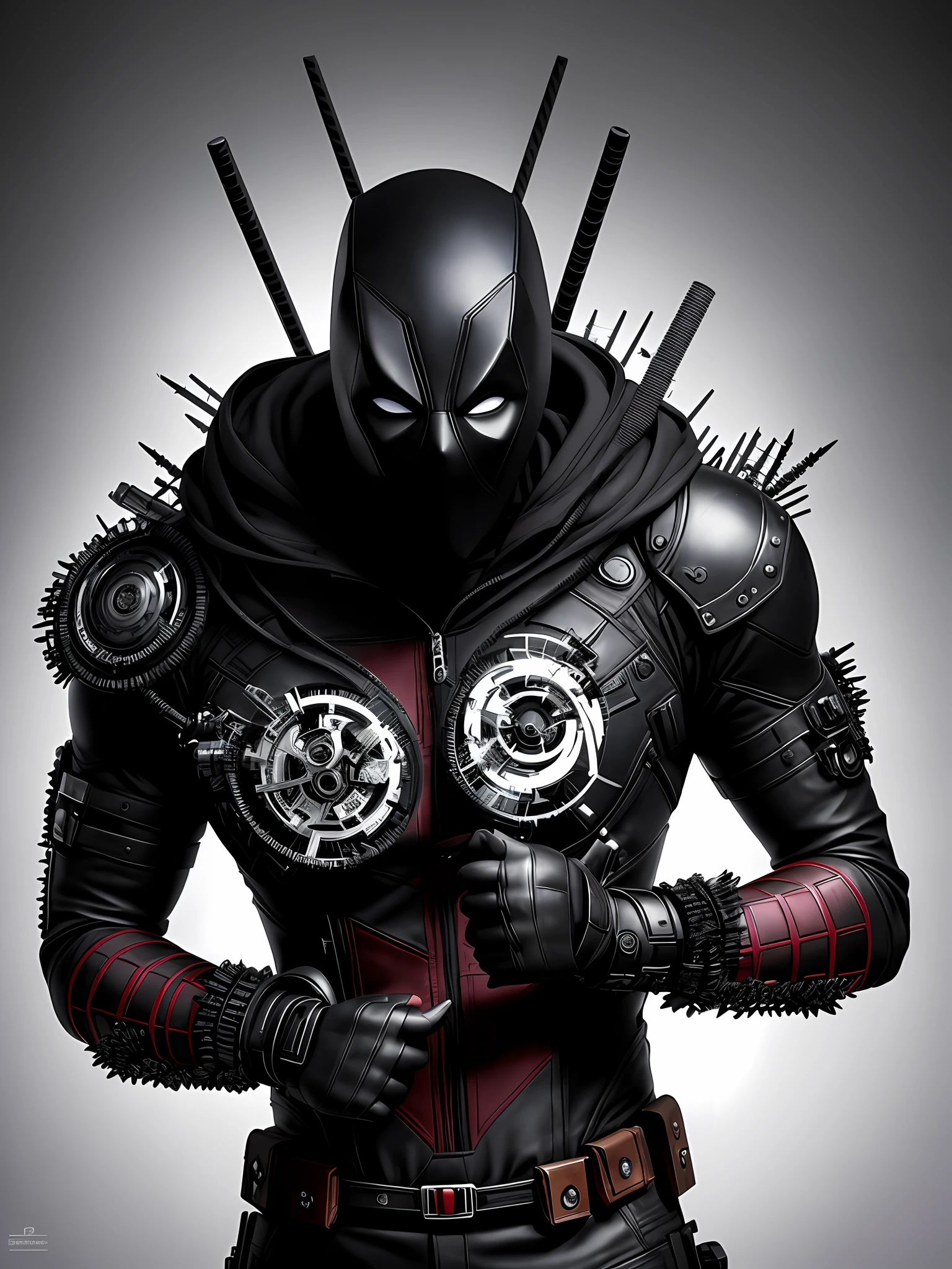 Photography, an amazing work of art by Deadpool from Marvel. The artwork is a true masterpiece, meticulously composed with the perfect balance of darkness and light, capturing the essence of the creature's menacing presence. The style is a fusion of sculpture and digital art, creating a three-dimensional representation of a cyborg with intricate details and realistic textures, best quality, high quality, high resolution, high-resolution fixation