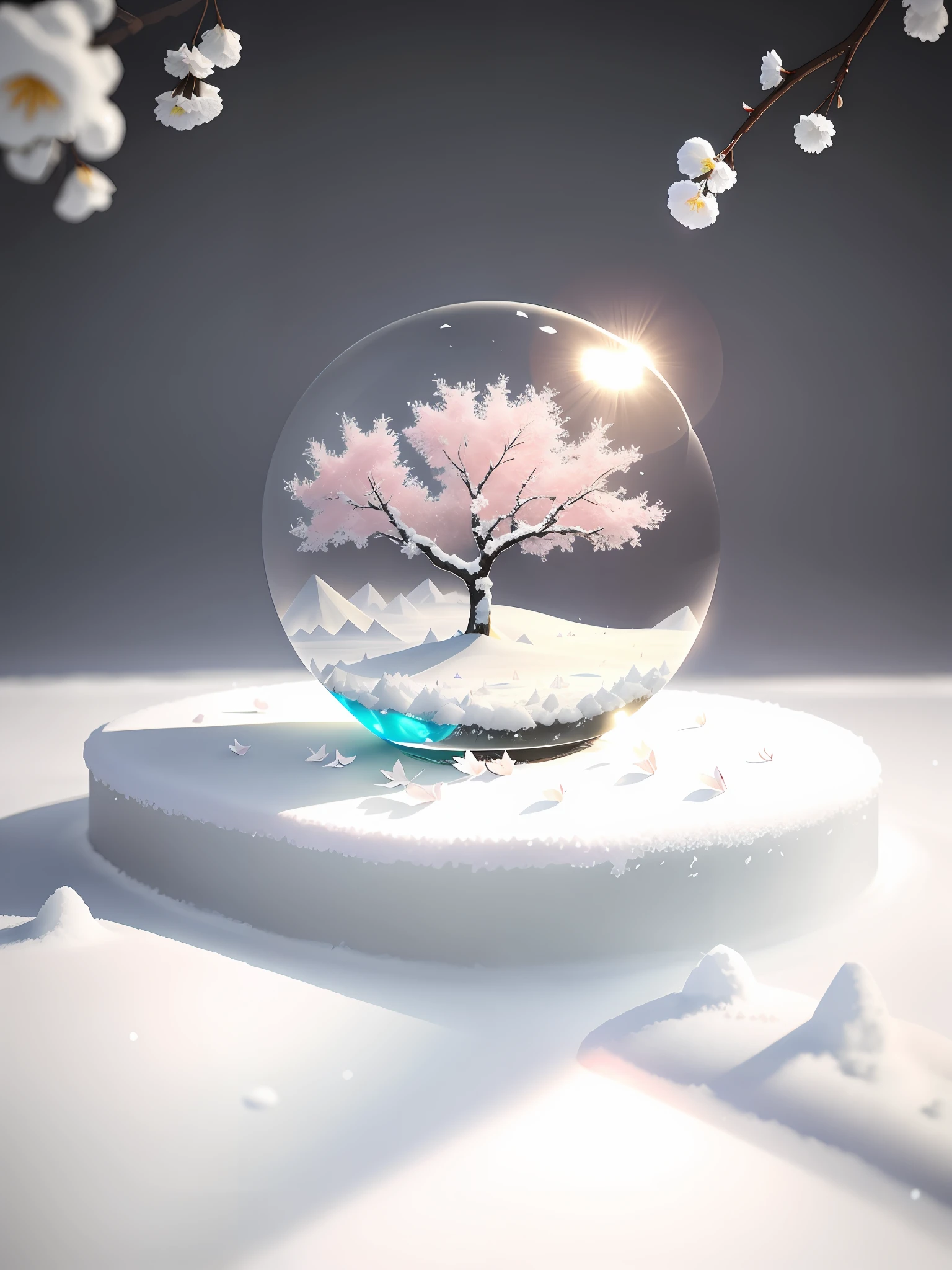 Gorgeous and amazing natural depth of field photo, blooming beautifully in the snow, transparent petals, clear petals, fog, beautiful scene, artistic, stunning, hyper-realism, 16K high resolution, Unreal Engine, soft light, (1 cherry tree trapped in a crystal sphere: 1.4), (special sharp focus: 1.4), (snowmelt: 1.2), back light,
