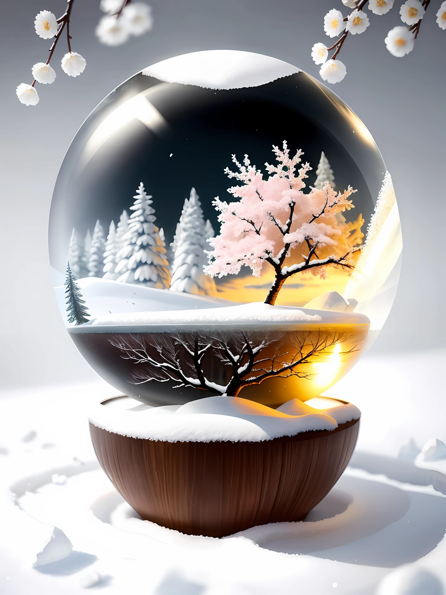 Gorgeous and amazing natural depth of field photo, blooming beautifully in the snow, transparent petals, clear petals, fog, beautiful scene, artistic, stunning, hyper-realism, 16K high resolution, Unreal Engine, soft light, (1 cherry tree trapped in a crystal sphere: 1.4), (special sharp focus: 1.4), (snowmelt: 1.2), back light,