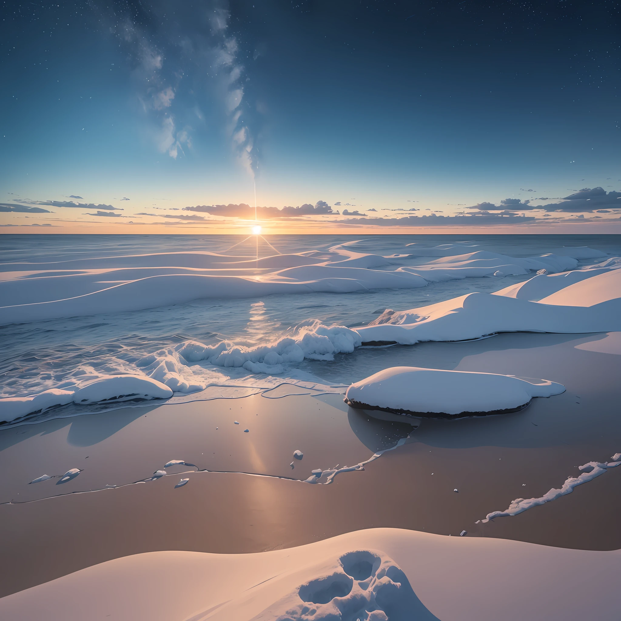 An authentic photographic landscape painting with unparalleled reality, wide view, on the sea, stars, sunlight, winter, light effects, realism, Dennis Sarahin, art station --auto --s2