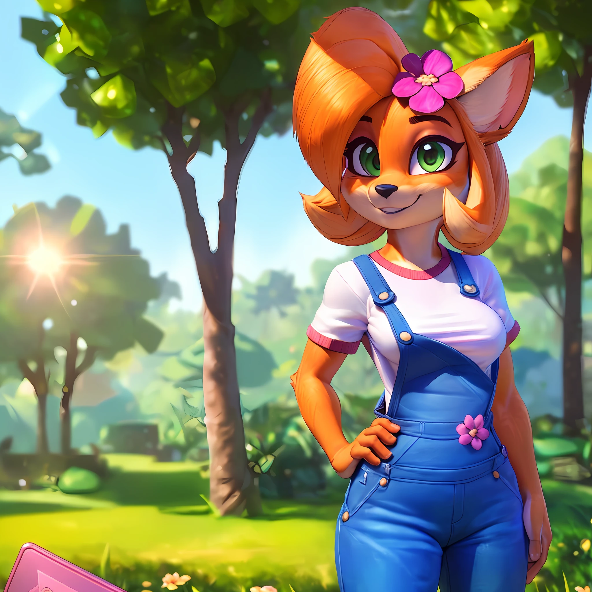[Coco bandicoot], [Uploaded to e621.net; (Pixelsketcher), (wamudraws)], ((masterpiece)), ((solo portrait)), ((furry; anthro)), ((detailed fur)), ((raytracing)), ((detailed shading)), ((beautiful 3D art)), {anthro; (orange fur, black nose, pointed ears), cute green eyes, happy smile, (white shirt, small boobs, blue denim overalls), (pink flower in hair), pink sneakers}, ((standing; pink laptop on hip) attractive pose), [background; flower plains; (trees, sun rays through trees)]
