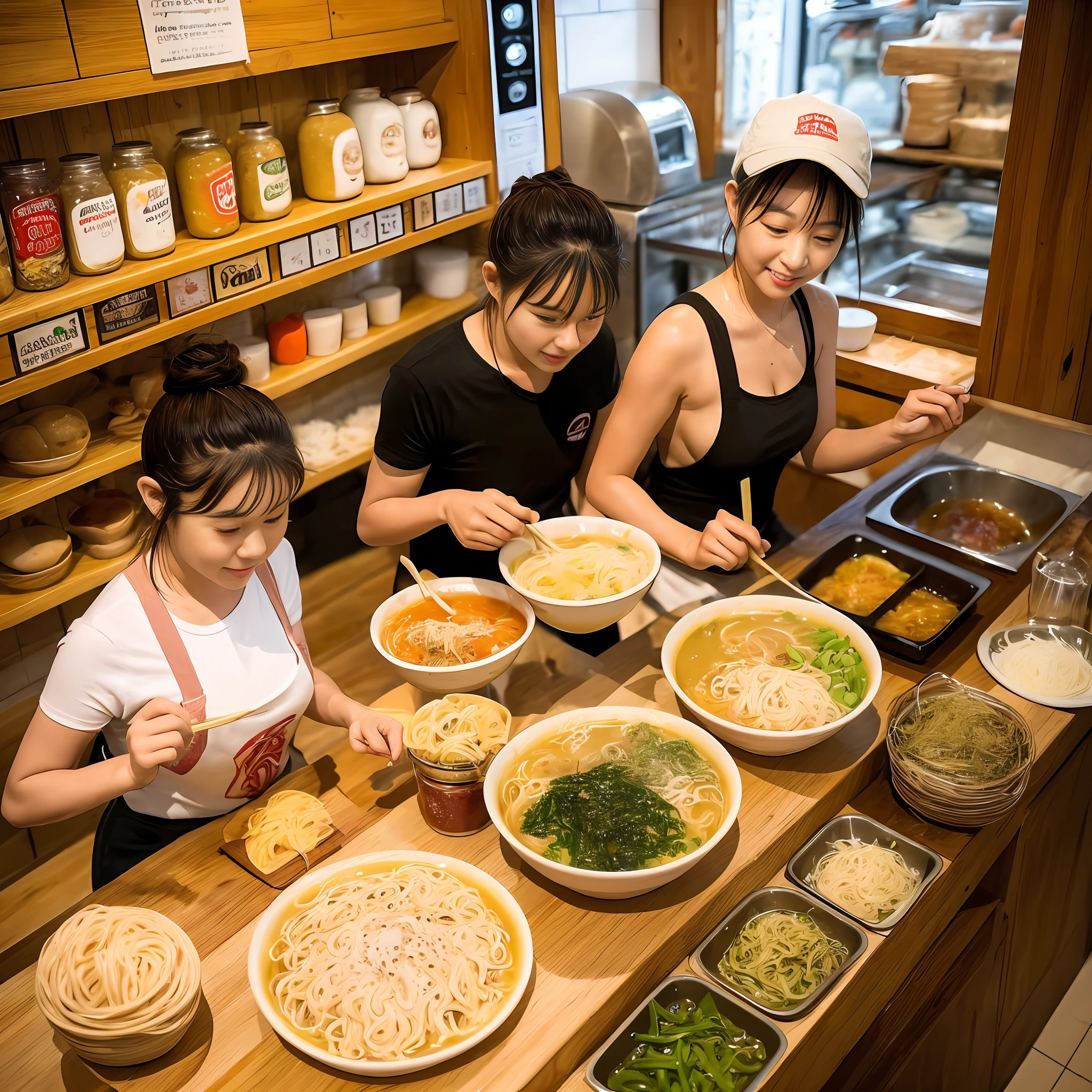 Imagine a hot family ramen. The soup is thick, with a spread of pork bone aroma. Fat floats on the surface of the soup, giving it a rich and umami feeling.
The noodles have a thick and chewy texture that can be well intertwined with the soup. The surface of the noodles has a smooth luster, and each noodle has a solid presence.
The ingredients are topped with thick char siu, and the juicy and umami of the meat spreads in your mouth. Toppings such as menma, green onions, and nori are also beautiful to look at and accent ramen.
The bowl is served in a large, rounded bowl with plenty of soup and noodles. The surrounding environment has the atmosphere of a cozy ramen shop, and the inside of the store is full of life.
