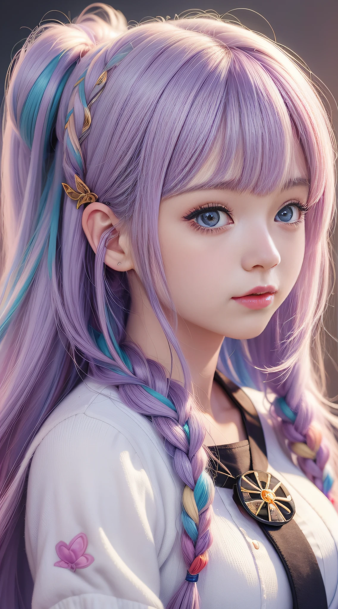 Close-up of a woman with long hair, colorful hair, realistic portrait of kawaii, portrait of upper body, colorful braids, beautiful anime style, pure white background, white half sleeves, simple pattern on clothes, realistic anime art style, beautiful anime portrait, realistic anime art style, anime style. 8k, stunning anime face portrait, colorful]", vibrant fantasy style, cute art style, vibrant realistic color, anime realism style, beautiful anime girl, character as core, digital art, realistic style, live-action CG, colorful headband, live-action CG, sweet style, film style, HD 4K