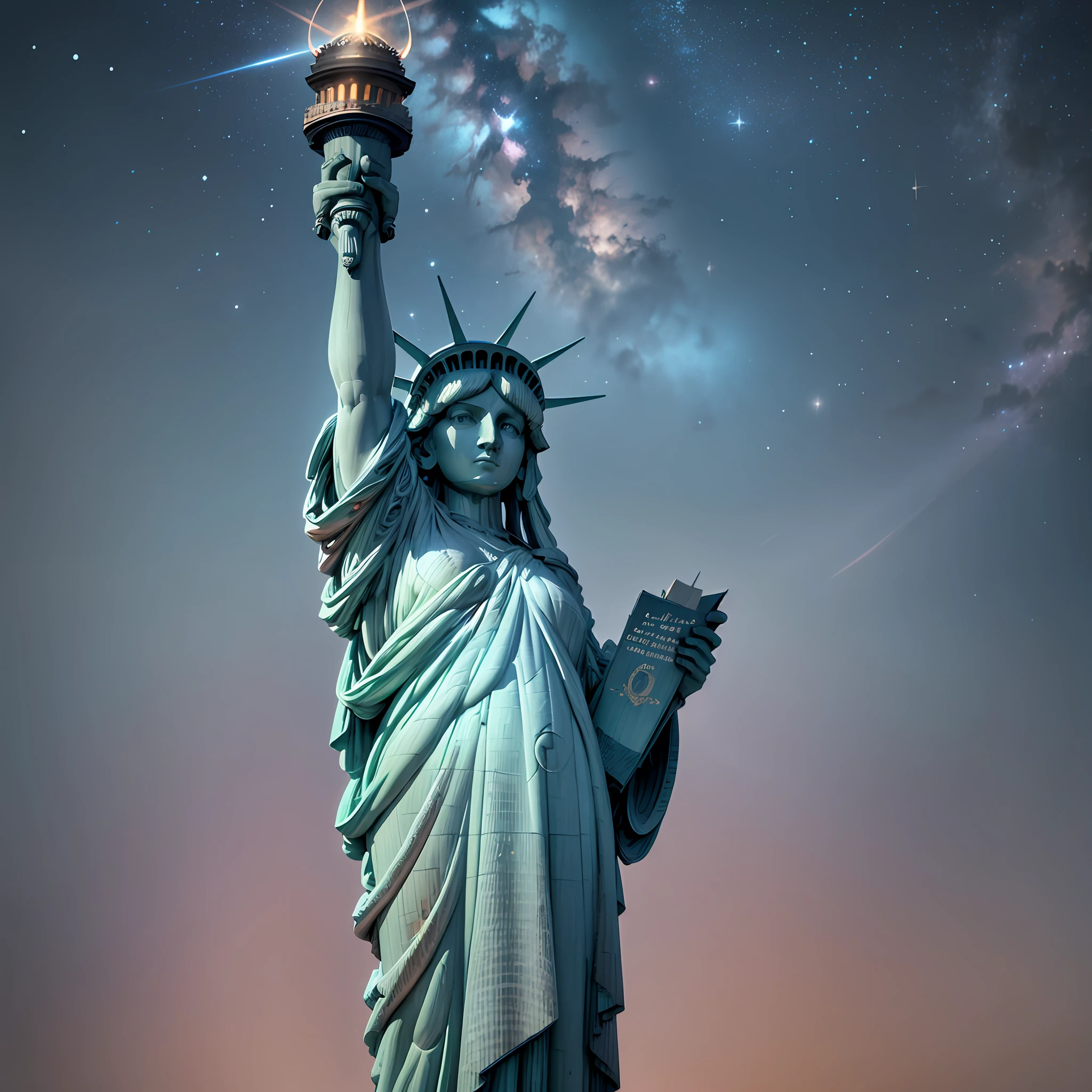 Aerial view of Statue of Liberty with many lights, Statue of Liberty, amazing wallpaper,hyper realistic photo of Statue of Liberty, Statue of Liberty by Raymond Han, beautiful night, beautifully lit, elusive night, starry sky, beautiful and aesthetic, photography, cinematic, 8k, high detailed. --auto --s2