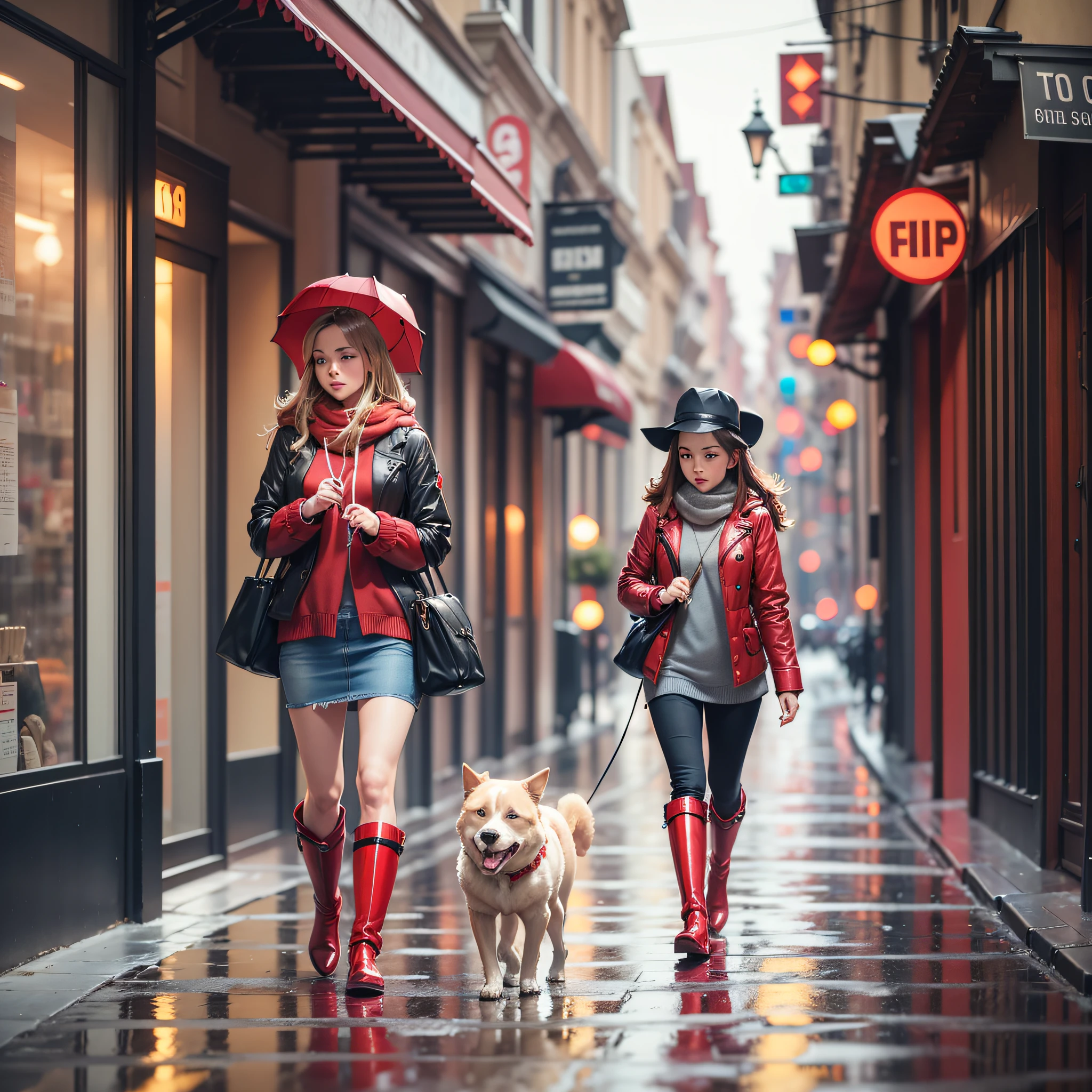 Beautiful girl with dog, walking happily in red boots, walking on rainy sidewalk --auto --s2