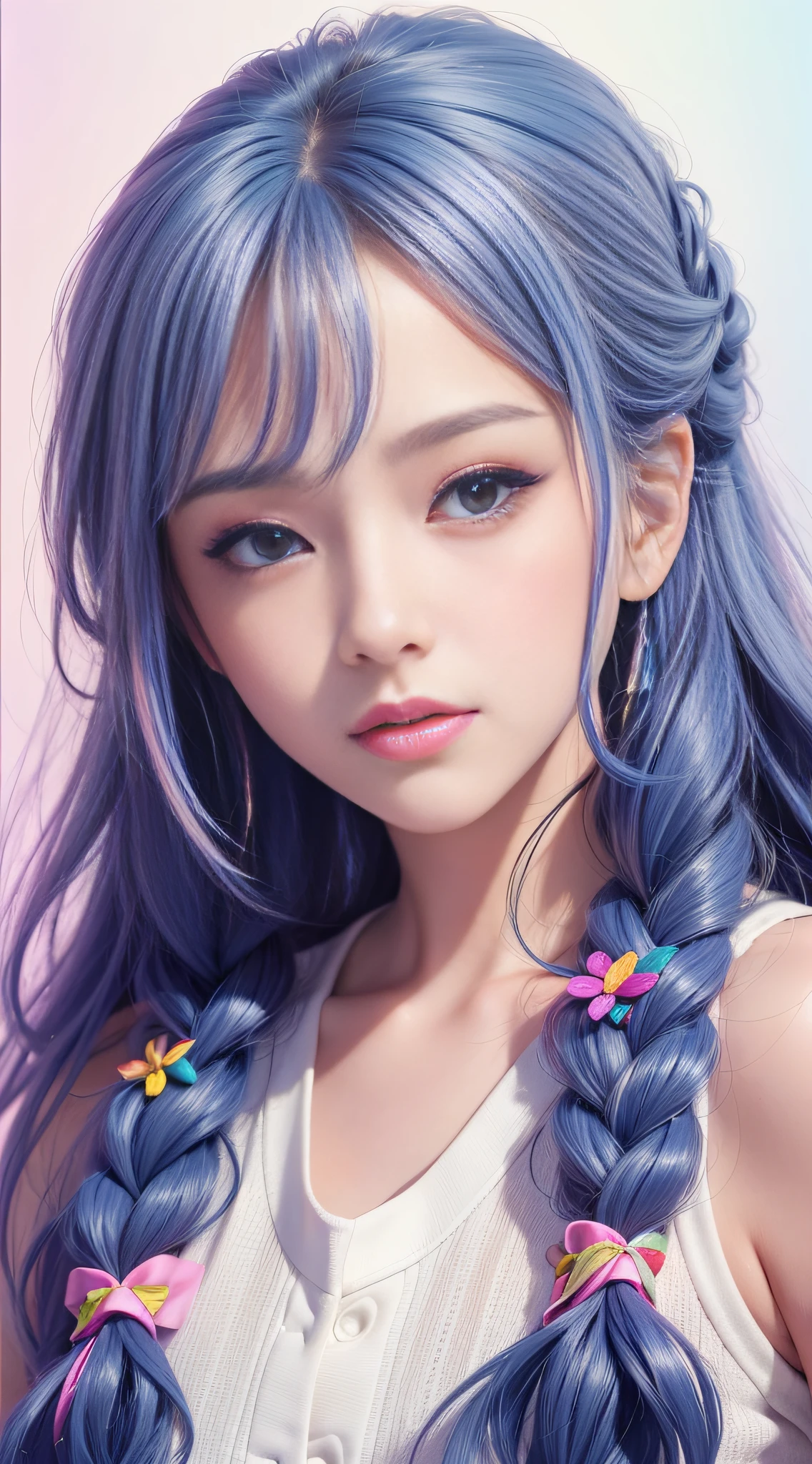 Close-up of a woman with long hair, colorful hair, realistic portrait of kawaii, portrait of upper body, colorful braids, beautiful anime style, pure white background, white half sleeves, simple pattern on clothes, realistic anime art style, beautiful anime portrait, realistic anime art style, anime style. 8k, stunning anime face portrait, colorful]", vibrant fantasy style, cute art style, vibrant realistic color, anime realism style, beautiful anime girl, character as core, digital art, realistic style, live-action CG, colorful headband, live-action CG, sweet style, film style, HD 4K