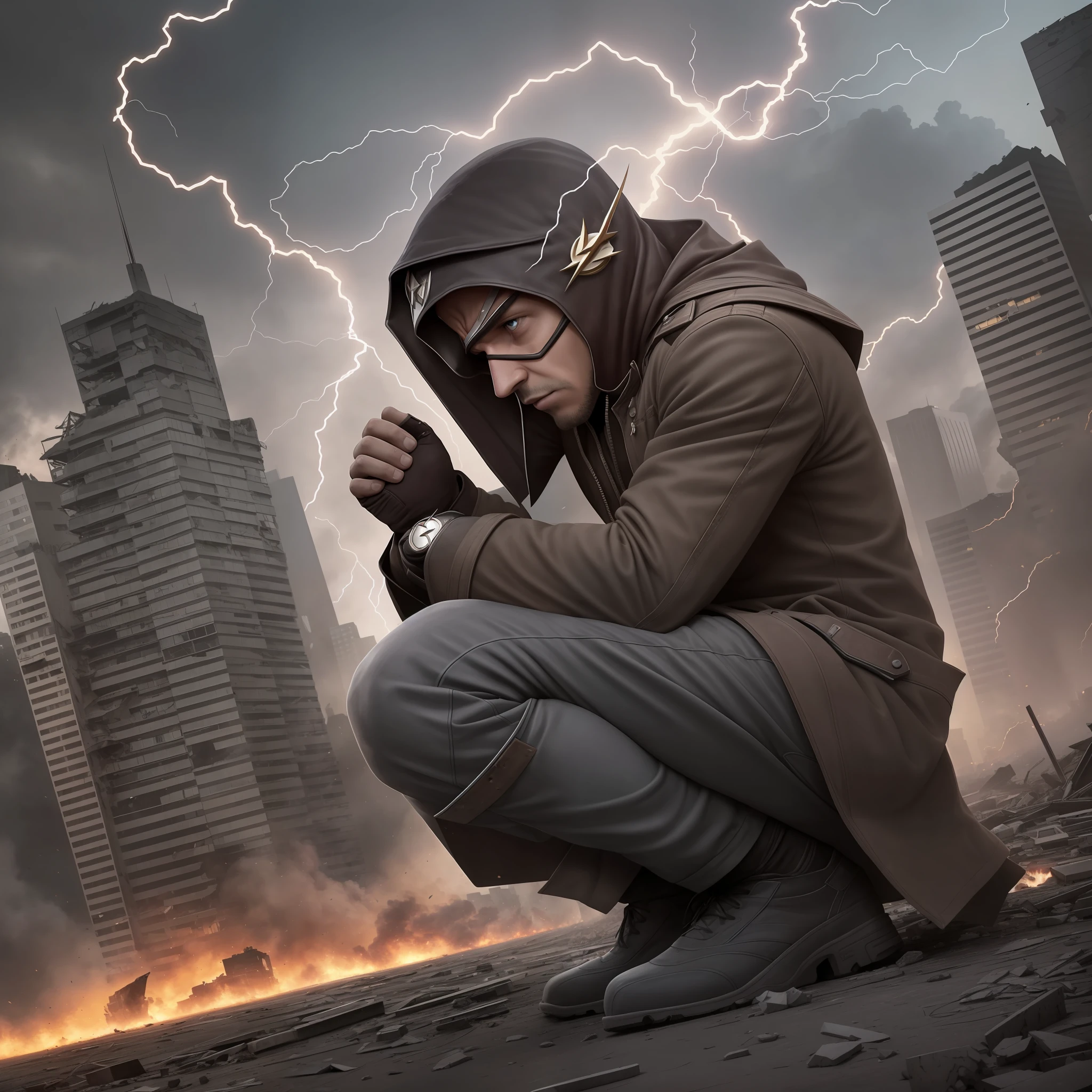 You find the Flash on his knees, panting and desperate amid the chaos. The world that was once organized and peaceful is now collapsing. Buildings are in ruins, roads are destroyed, and people are desperate and panicked. The sky is dark and the air is full of dust and smoke. The Flash looks at you, his eyes filled with fear and worry. "We need to do something," he says, his voice shaking. "This world is crumbling before our eyes and we can't stand by and watch it happen. Help me fix this before it's too late." --auto --s2
