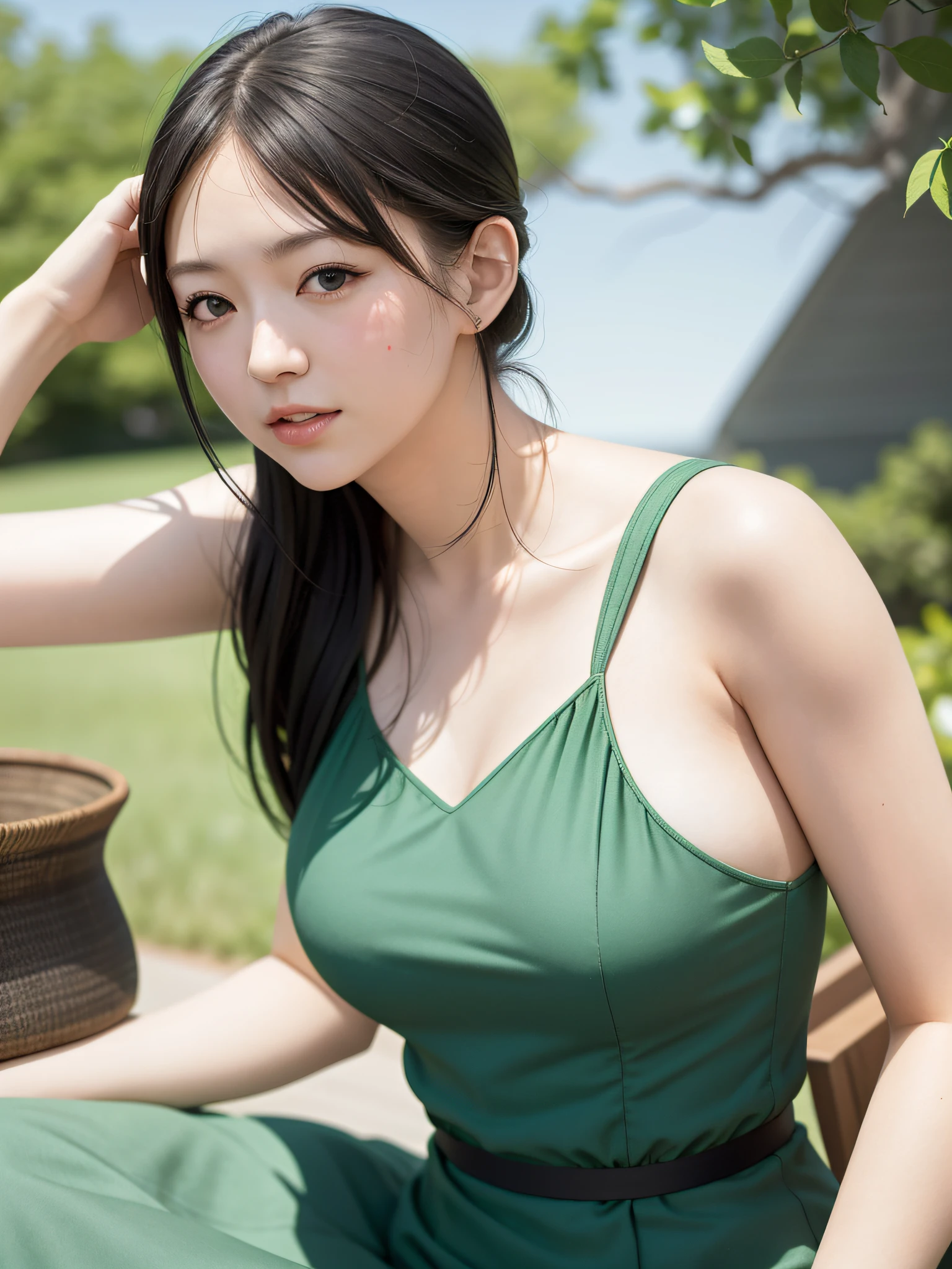 green dress,white short skirt,woman,japanese,bare shoulders,shoulders slightly exposed,black eyes,black hair,(photorealistic:1.4),realistic details, high resolution,bokeh,outstanding details