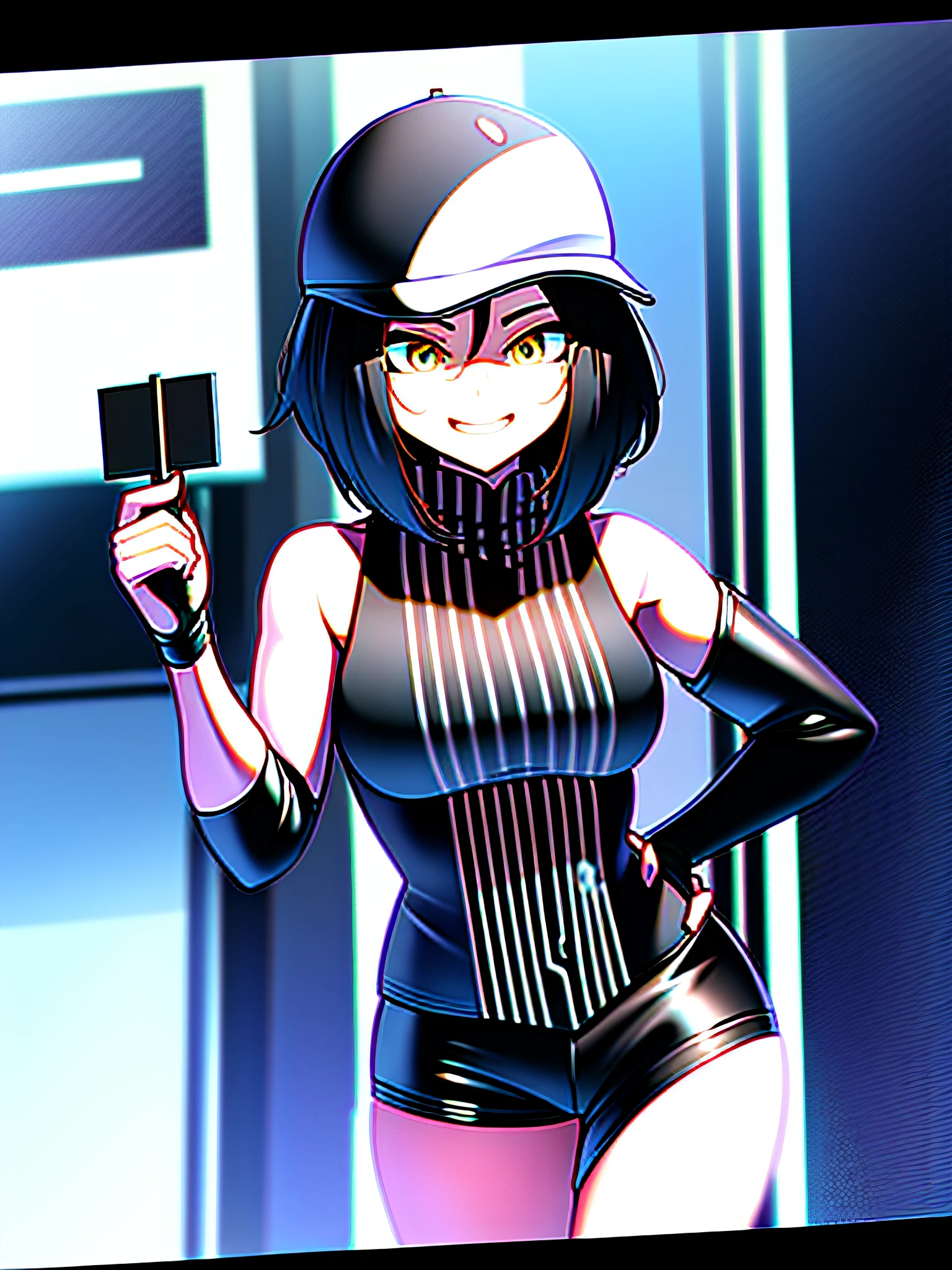 Anime girl holding a sign in white vest and black shorts, bright smile, anime style 4 K, digital cyberpunk anime art, cyberpunk anime girl, 4K anime wallpaper, badass anime 8 K, anime style. 8K, anime art wallpaper 8 K, digital animation art