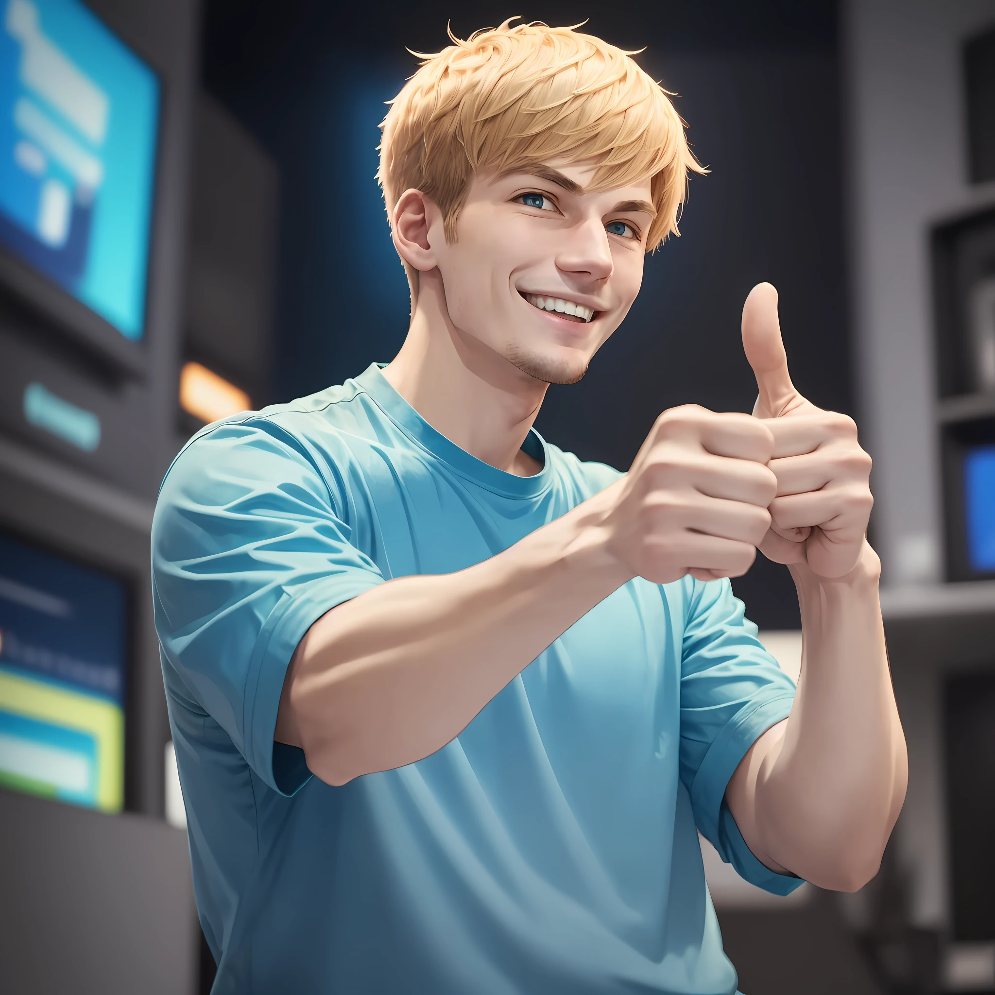 Smiling man in blue shirt gives thumbs up with both hands, thumbs up, thumbs up to camera, jerking streamer/gamer Ludwig, linus from linustechtips, professional profile picture, thumbs up, young man of medium length, Jakub Revelka Anime style --auto --s2