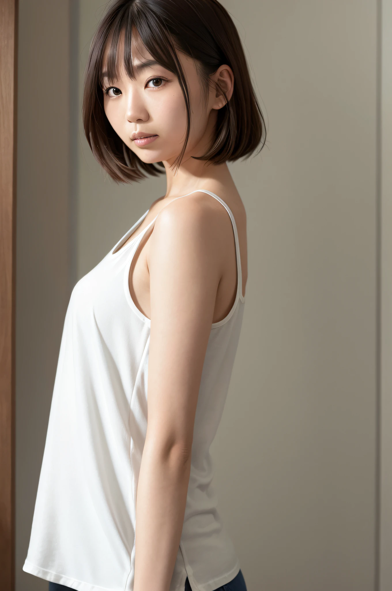 Best quality, 1 beautiful Japanese woman, wearing white tank top, 35mm lens, f/1.8, from side, white back ground