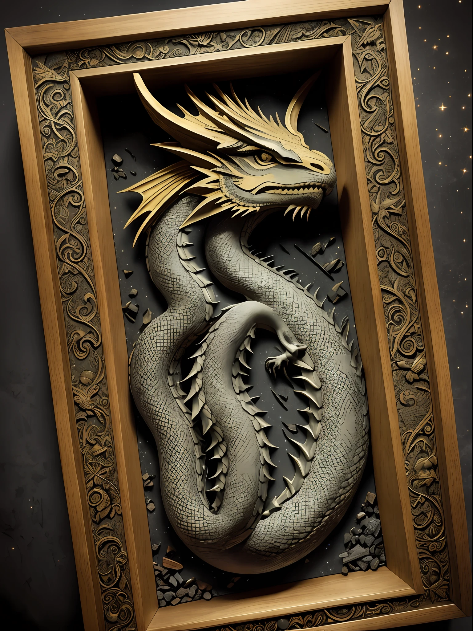 The nine dragons under the starry sky of the universe pull a coffin, the best picture quality, light and shadow processing and detail processing, starlight, the coffin is mysterious and gorgeous, the dragon hints at the power of mysterious unknown, the panoramic presentation, so that people can't help but immerse themselves in it.