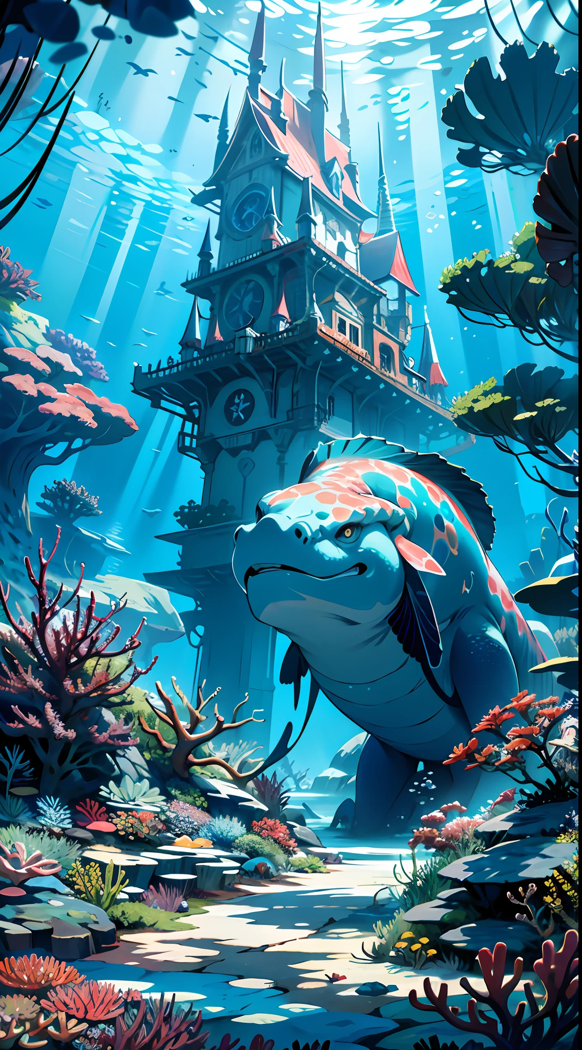 sea depths, life, underwater creatures, plants, colors, shapes, interaction, environment, details, atmosphere, deep ocean, air bubbles, light rays, algae, corals, bright tropical colors, many living underwater creatures, underwater city, underwater monster, monster, mysterious world, beauty, creativity, unforgettable picture