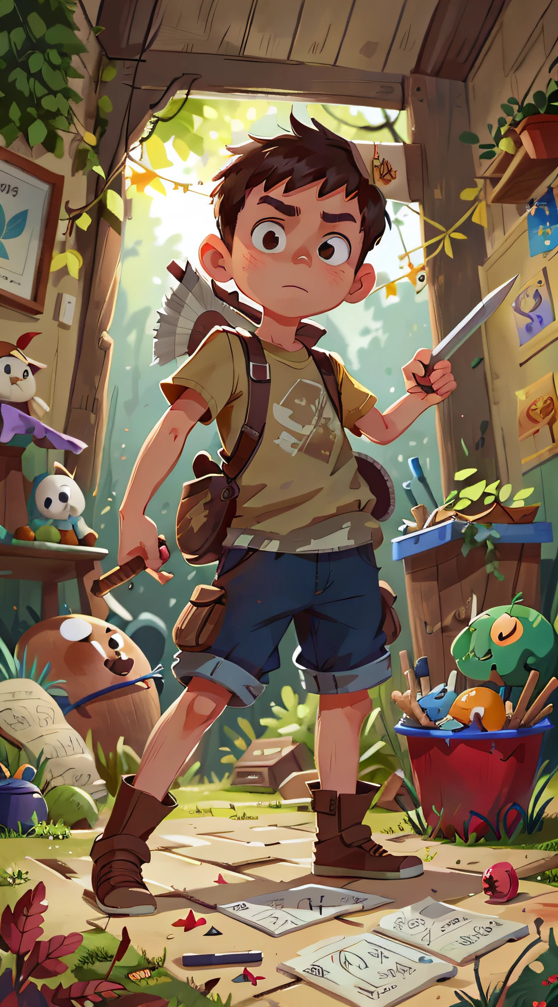 Boy with wooden sword in one hand and with a trash can lid in the other playing, with a paper hat on his head