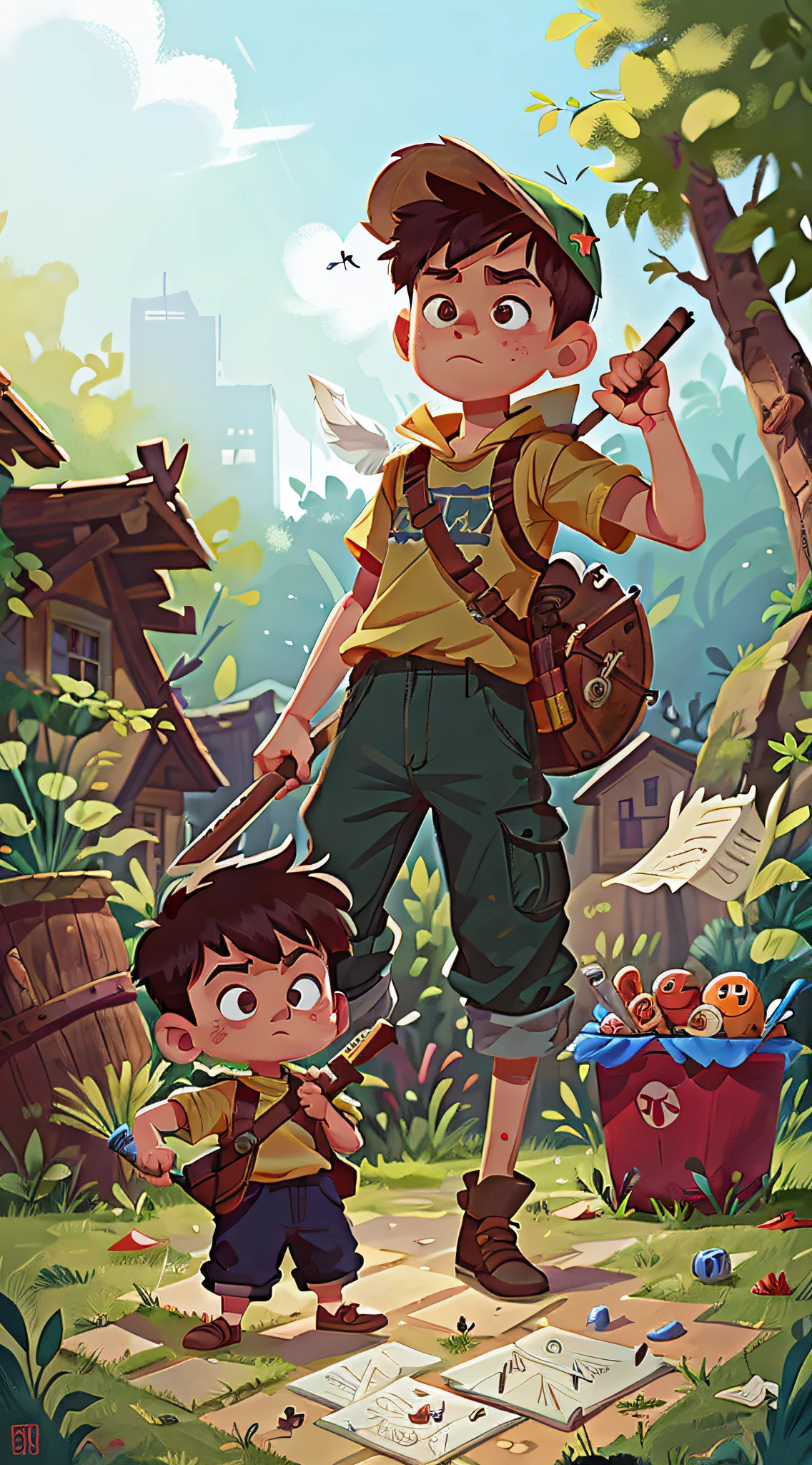 Boy with wooden sword in one hand and with a trash can lid in the other playing, with a paper hat on his head