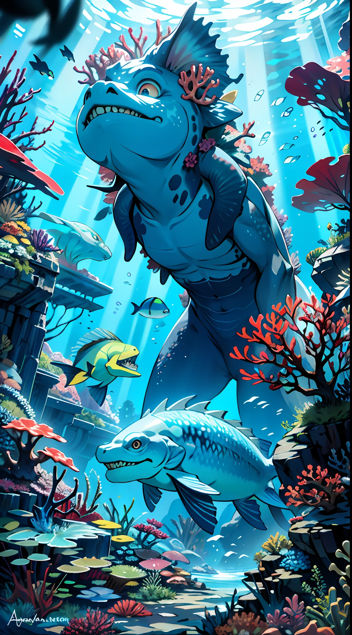 sea depths, life, underwater creatures, plants, colors, shapes, interaction, environment, details, atmosphere, deep ocean, air bubbles, light rays, algae, corals, bright tropical colors, many living underwater creatures, underwater city, underwater monster, monster, mysterious world, beauty, creativity, unforgettable picture