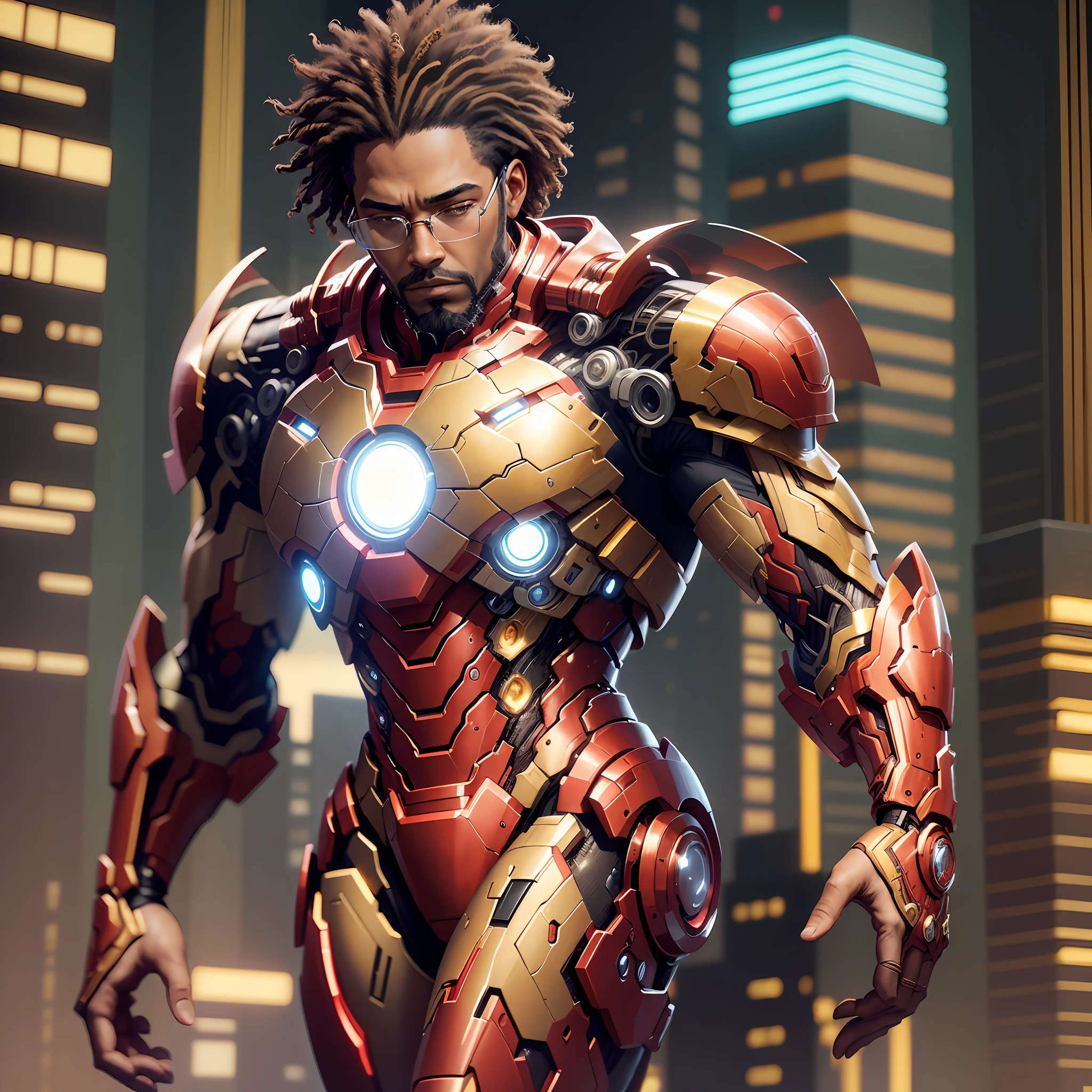 A charismatic black man with curly hair, a well-groomed beard, and stylish glasses transforms into Iron Man. His suit is a sleek fusion of black and gold, with intricate mechanical details. The scene takes place in a futuristic cityscape at night, with towering skyscrapers and neon lights illuminating the sky. The atmosphere is high-energy and vibrant, capturing Iron Man's adventurous spirit. The style is 3D rendering, with attention to metallic textures and dynamic lighting. --ar 16:9 --auto --s2