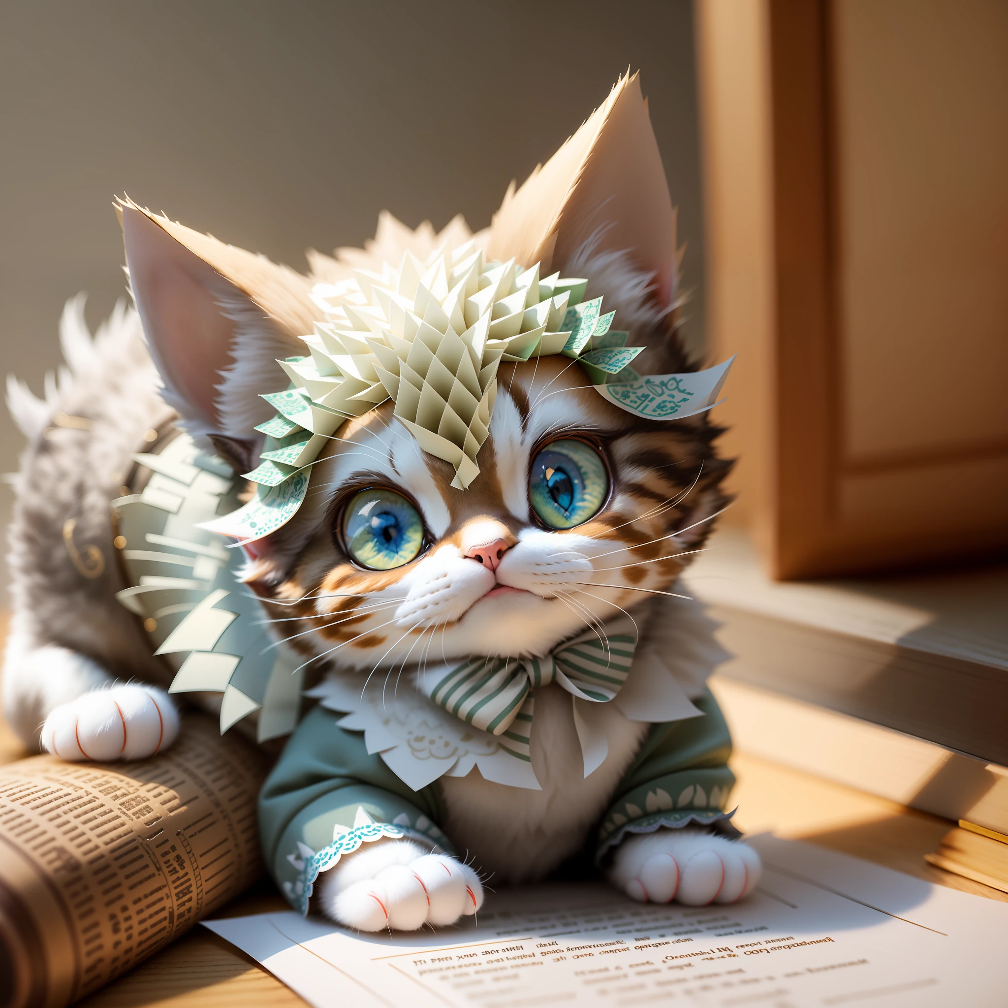 there is a cat that is sitting on a table with a book, cute detailed digital art, cute detailed artwork, adorable digital painting, cute 3 d render, made of paper, cyborg kitten, paper modeling art, highly detailed toy, extremely detailed and lifelike, detailed digital 3d art, realistic anime cat, cat detailed, made from paper, with gorgeous detailed eyes