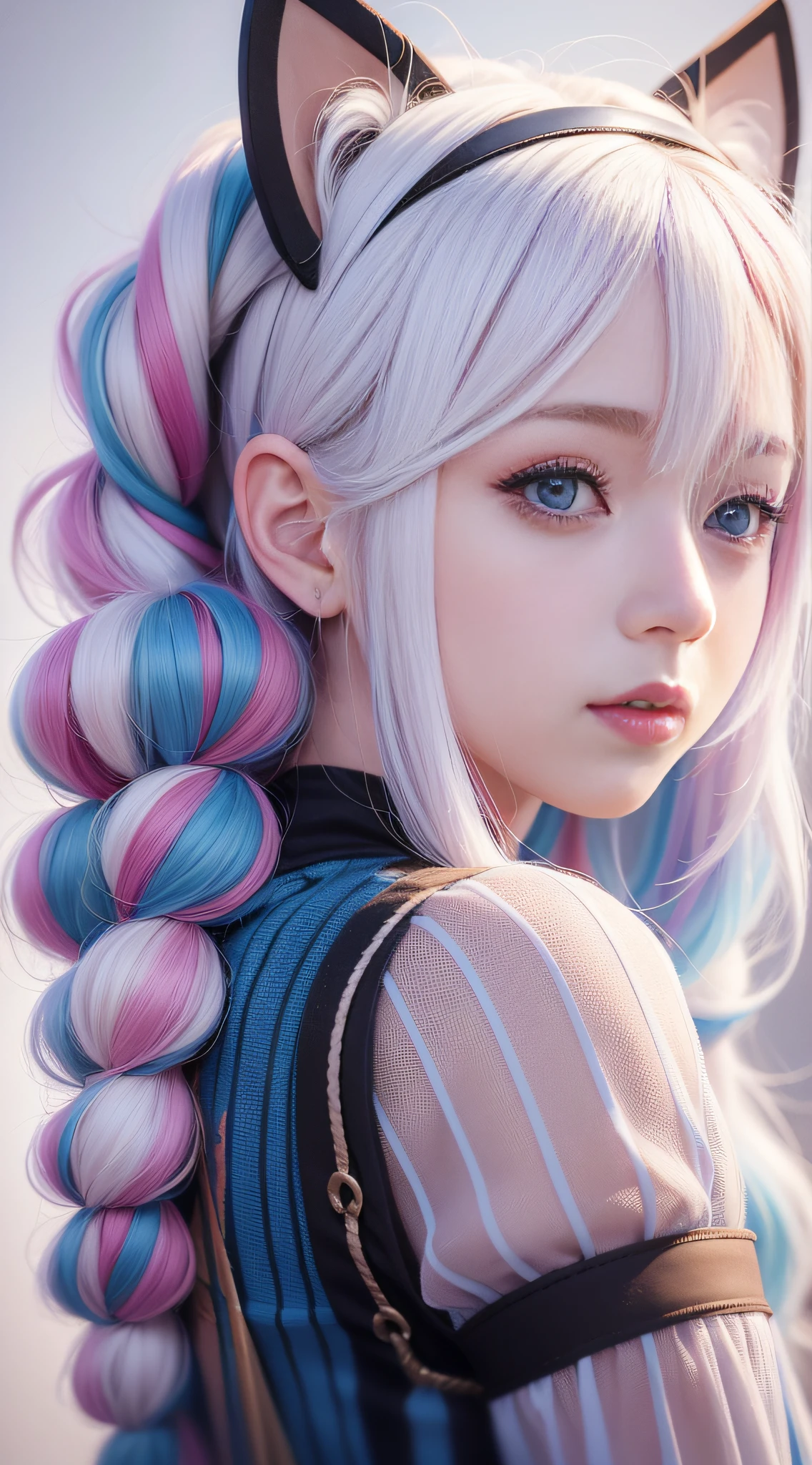 Close up of a woman with long hair, colorful hair, kawaii realistic portrait, upper body portrait, colorful braids, realistic hair, beautiful anime style, pure white background, white half cut sleeves, simple pattern on clothes, realistic anime art style, beautiful anime portrait, realistic anime art style, anime style. 8k, stunning anime face portrait, colorful]", vibrant fantasy style, cute art style, vibrant realistic color, anime realism style, beautiful anime girl, character as core, digital art, realistic style, live-action CG, colorful headband, live-action CG, sweet style, film style, HD 4K