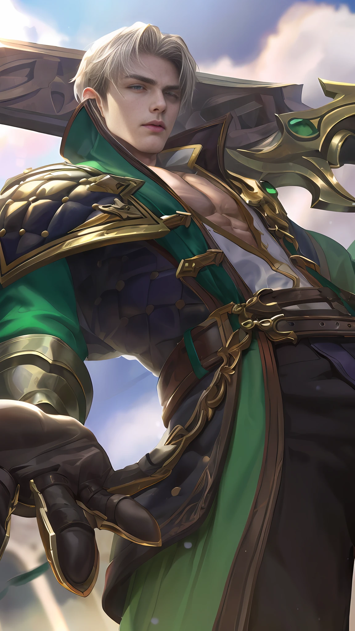 (Absurdres, Intricate Details, Masterpiece, Best Quality, High Resolution, 8k), 1 male, thin, young, aged up, masked, finely detailed eyes and face, auburn low-fade hair, amber eyes, portrait, looking at viewer, solo, half shot, detailed background, (light fantasy theme:1.1), focusing, mercenary, sunshine, floating scraps, color plate armor, divine aura, bright realistic lighting, marble castle, intense atmosphere, circlet, coat of arms, brazier, , Depth of Field, VFX. wear an eyepatch, open eyes