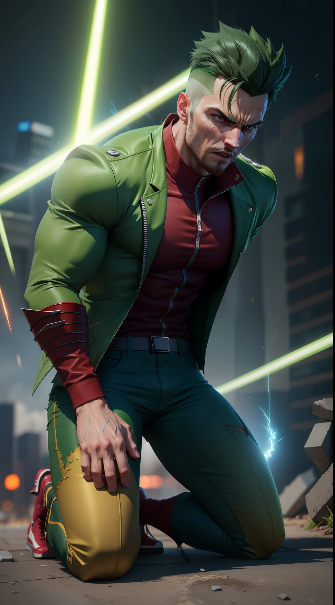 Full body villain, green and white jacket, red shirt, torn blue pants, super strength and shock power, (((on his knees))), ultra realistic, hyper-detailed, sharp focus, cinematic lighting, amazing art, epic composition, unreal engine 5, 8k