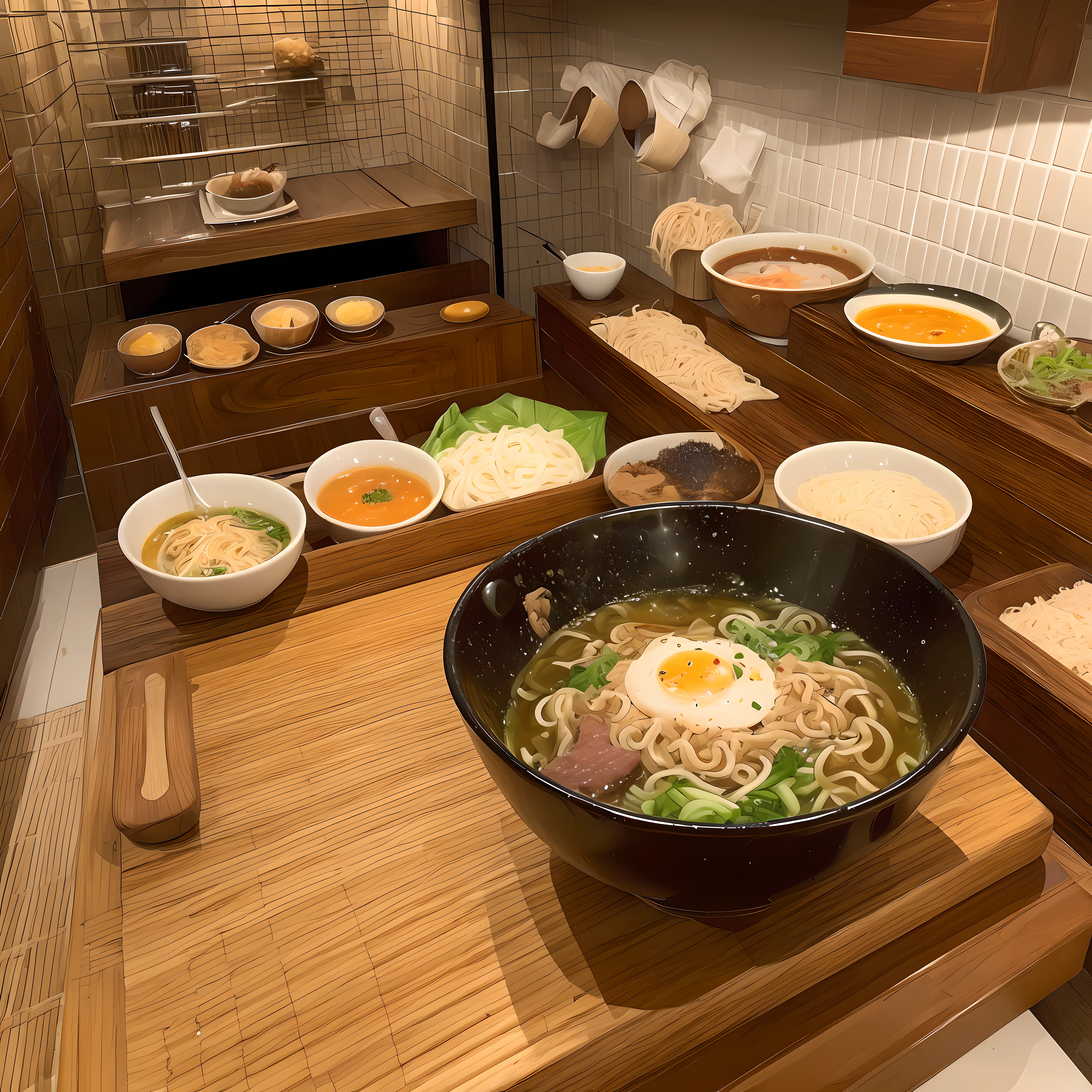 Imagine a hot family ramen. The soup is thick, with a spread of pork bone aroma. Fat floats on the surface of the soup, giving it a rich and umami feeling.
The noodles have a thick and chewy texture that can be well intertwined with the soup. The surface of the noodles has a smooth luster, and each noodle has a solid presence.
The ingredients are topped with thick char siu, and the juicy and umami of the meat spreads in your mouth. Toppings such as menma, green onions, and nori are also beautiful to look at and accent ramen.
The bowl is served in a large, rounded bowl with plenty of soup and noodles. The surrounding environment has the atmosphere of a cozy ramen shop, and the inside of the store is full of life.