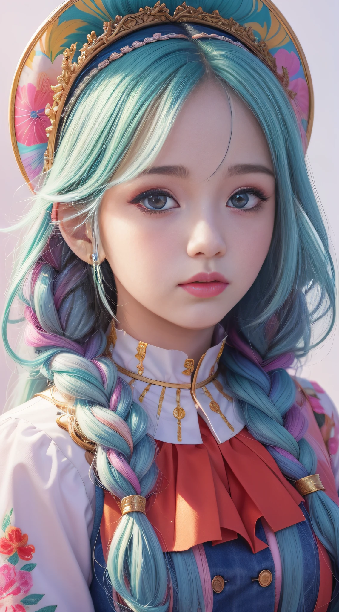Close up of a woman with long hair, colorful hair, kawaii realistic portrait, upper body portrait, colorful braids, realistic hair, beautiful anime style, pure white background, white half cut sleeves, simple pattern on clothes, realistic anime art style, beautiful anime portrait, realistic anime art style, anime style. 8k, stunning anime face portrait, colorful]", vibrant fantasy style, cute art style, vibrant realistic color, anime realism style, beautiful anime girl, character as core, digital art, realistic style, live-action CG, colorful headband, live-action CG, sweet style, film style, HD 4K