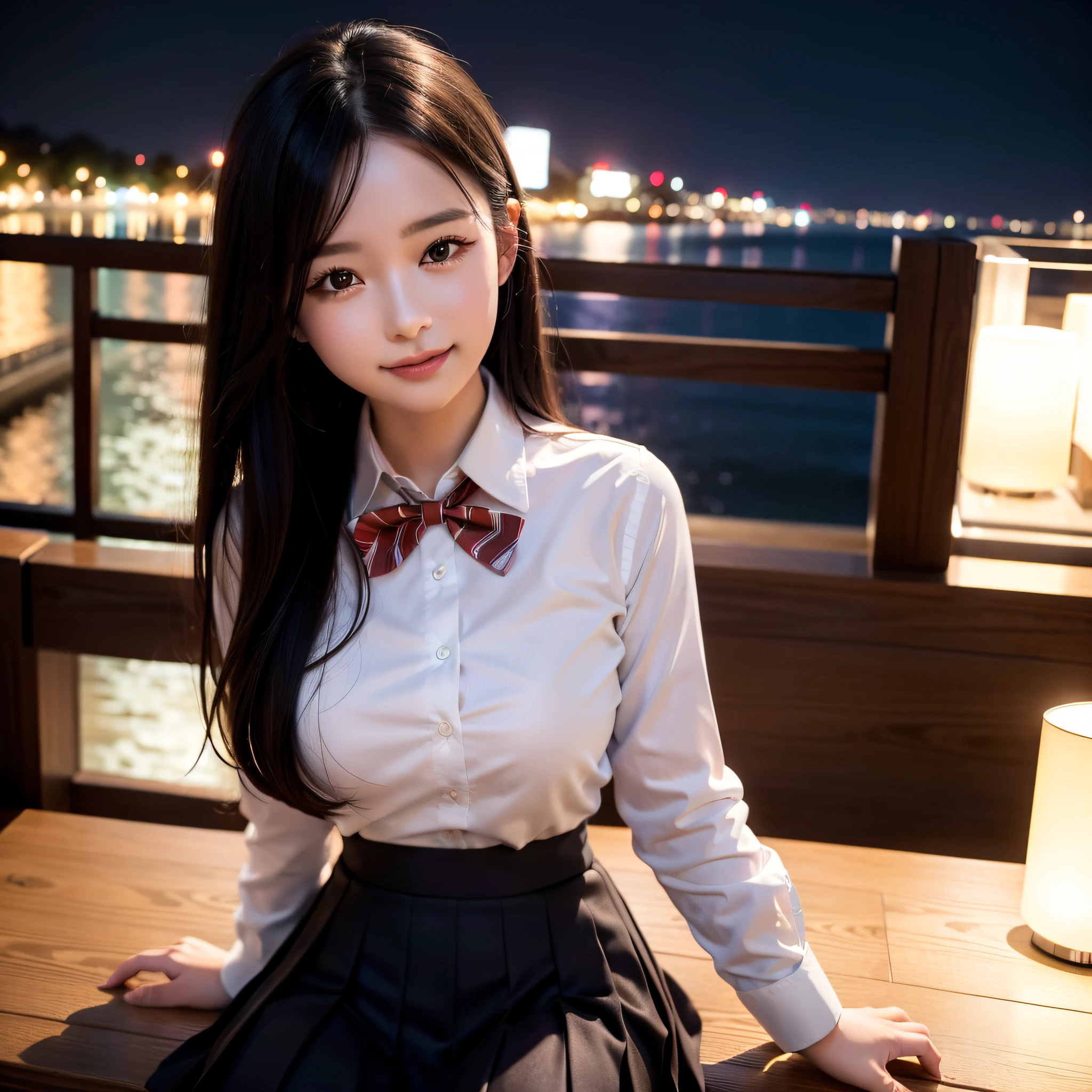 (8k, RAW photo, best quality, masterpiece: 1.2), (realistic, photo-realistic: 1.37), ultra-detailed, 1 girl, cute, solo, beautiful detailed sky, detailed coffee, night, sitting, dating, (flushed nose), (smile: 1.1), (mouth closed), medium breasts, beautiful detailed eyes, (collared shirt: 1.1), bow tie, pleated skirt,