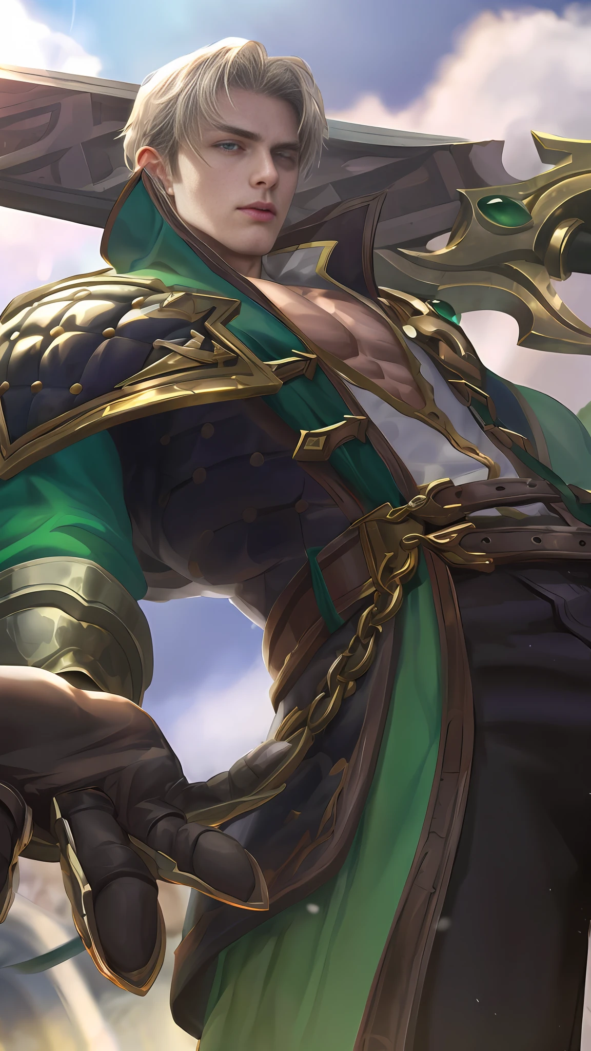 (Absurdres, Intricate Details, Masterpiece, Best Quality, High Resolution, 8k), 1 male, thin, young, aged up, masked, finely detailed eyes and face, auburn low-fade hair, amber eyes, portrait, looking at viewer, solo, half shot, detailed background, (light fantasy theme:1.1), focusing, mercenary, sunshine, floating scraps, color plate armor, divine aura, bright realistic lighting, marble castle, intense atmosphere, circlet, coat of arms, brazier, , Depth of Field, VFX. wear an eyepatch, open eyes