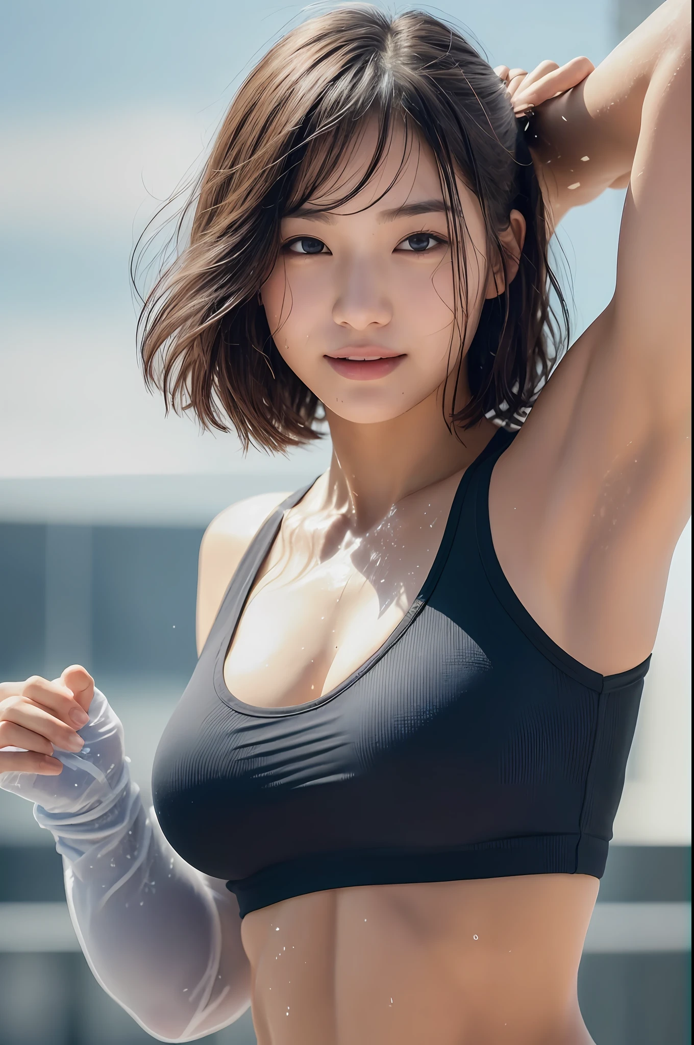 Photorealistic 1.4, ((Best Quality, 8k, Masterpiece: 1.5)), Sharp Focus: 1.2, 20 years old, Dynamic Pose, Cleavage, Sweat, Big, Big Ass, Bodybuilder, Smile, Bob Cut, K-Pop Idol, Dynamic Angle, Girl, Solo, Muscles, Abs, Thick Arms, Chunky Chest Plate, Sportswear (Wet: 1.4), Detailed Eyes and Skin, Impressive shadows, windy, gymnasium, ballet