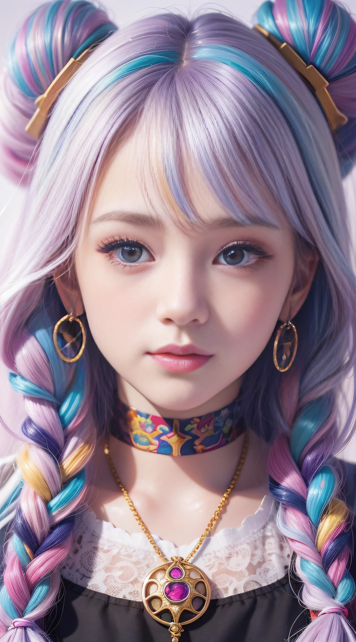 Close-up of a woman with long hair, colorful hair, kawaii realistic portrait, upper body portrait, front face shot, colorful braids, realistic hair, beautiful anime style, pure white background, white short sleeves, simple pattern on clothes, realistic anime art style, beautiful anime portrait, realistic anime art style, anime style. 8k, stunning anime face portrait, colorful]", vibrant fantasy style, cute art style, vibrant realistic color, anime realism style, beautiful anime girl, character as core, digital art, realistic style, live-action CG, colorful headband, live-action CG, sweet style, film style, HD 4K